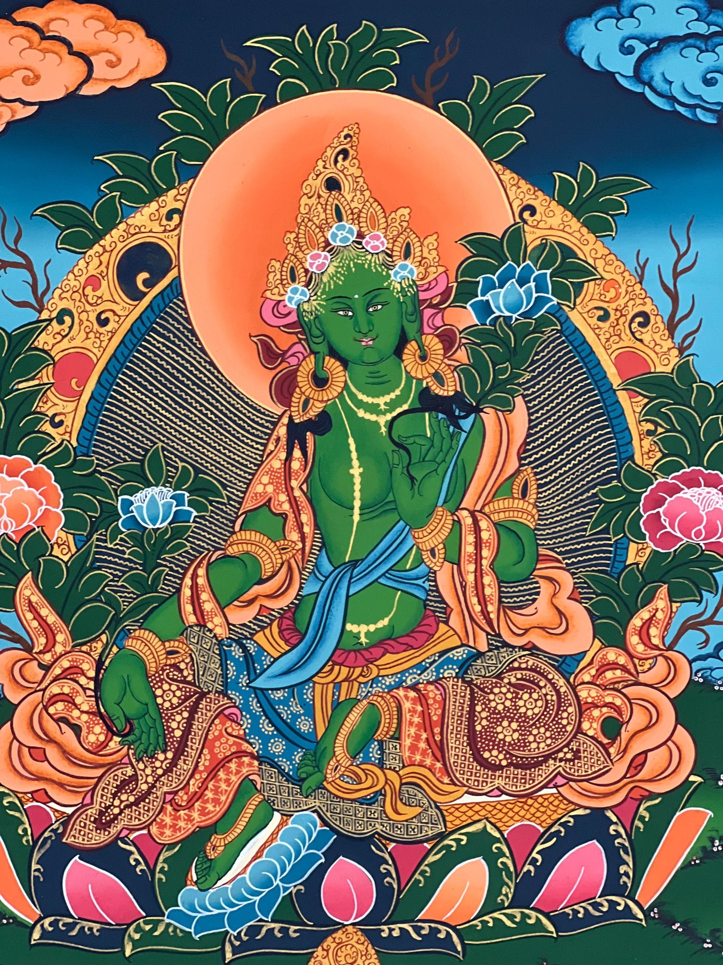 Hand-Painted Green Tara Thangka – Tibetan Silk Brocade Wall Art