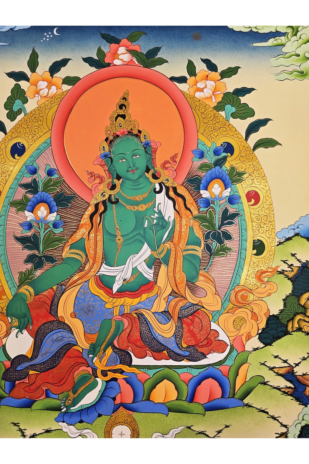 Hand-Painted Green Tara Thangka – Tibetan Buddhist Wall Art