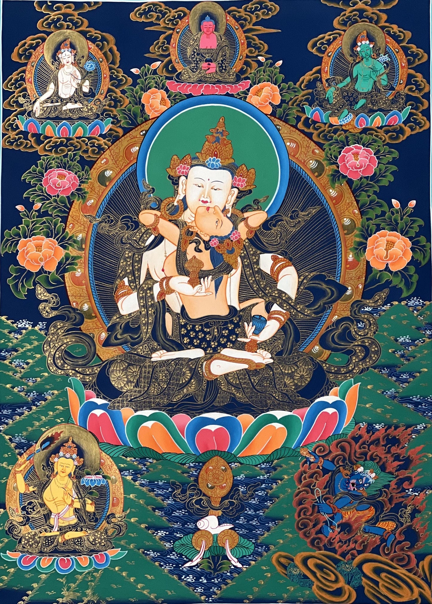 Vajrasattva with Shakti Yab Yum – Tibetan Thangka Painting with Silk Brocade