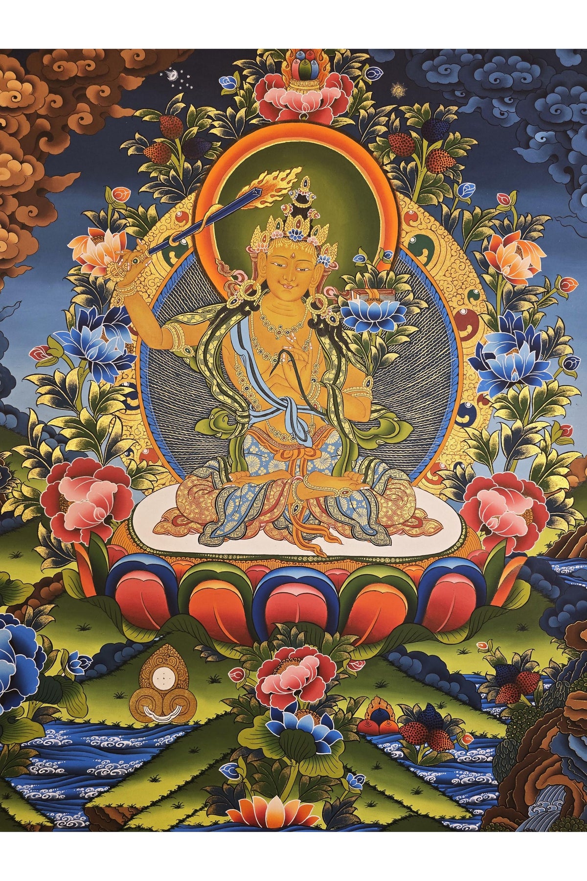 Manjushri Thangka | Hand-Painted Bodhisattva of Wisdom Tibetan Masterpiece