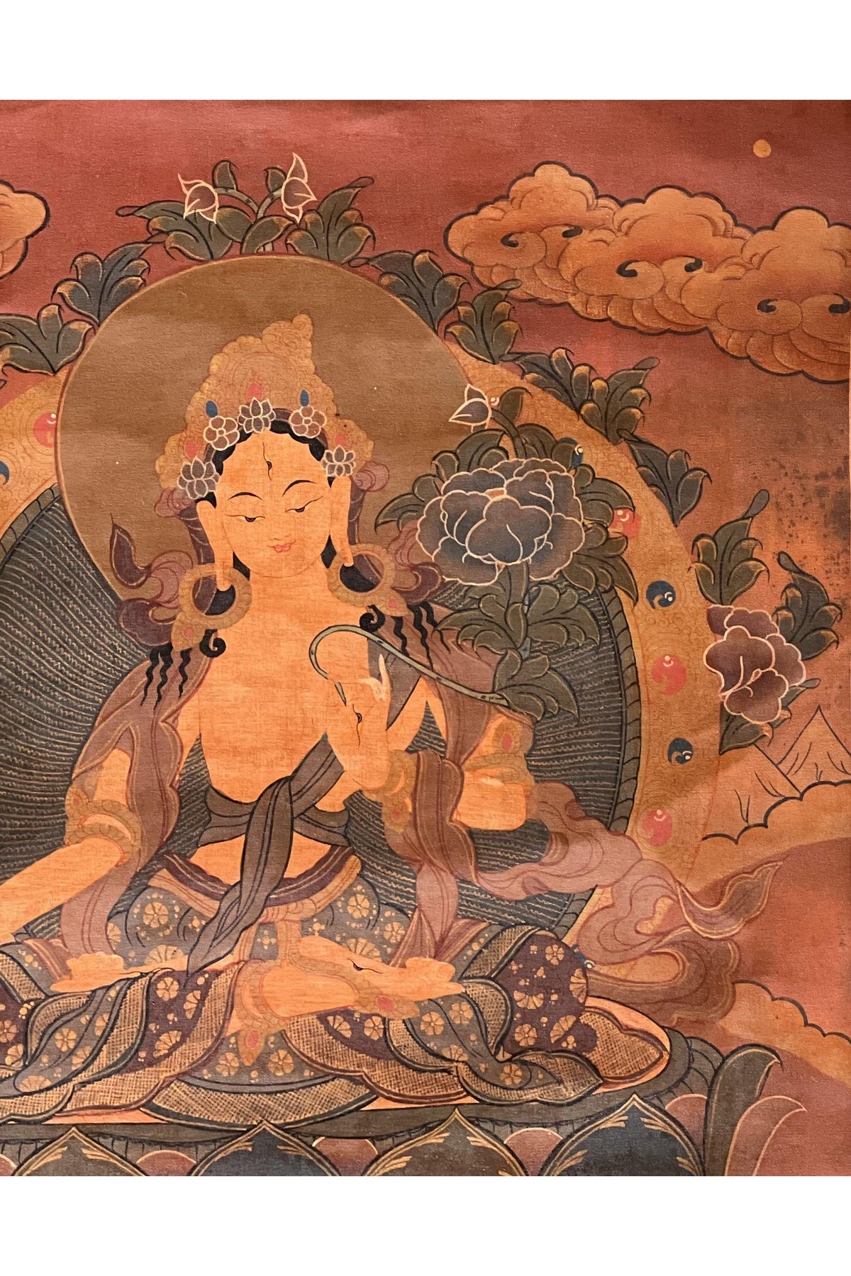 Hand-Painted White Tara Thangka – Tibetan Oil Painting on Silk Brocade