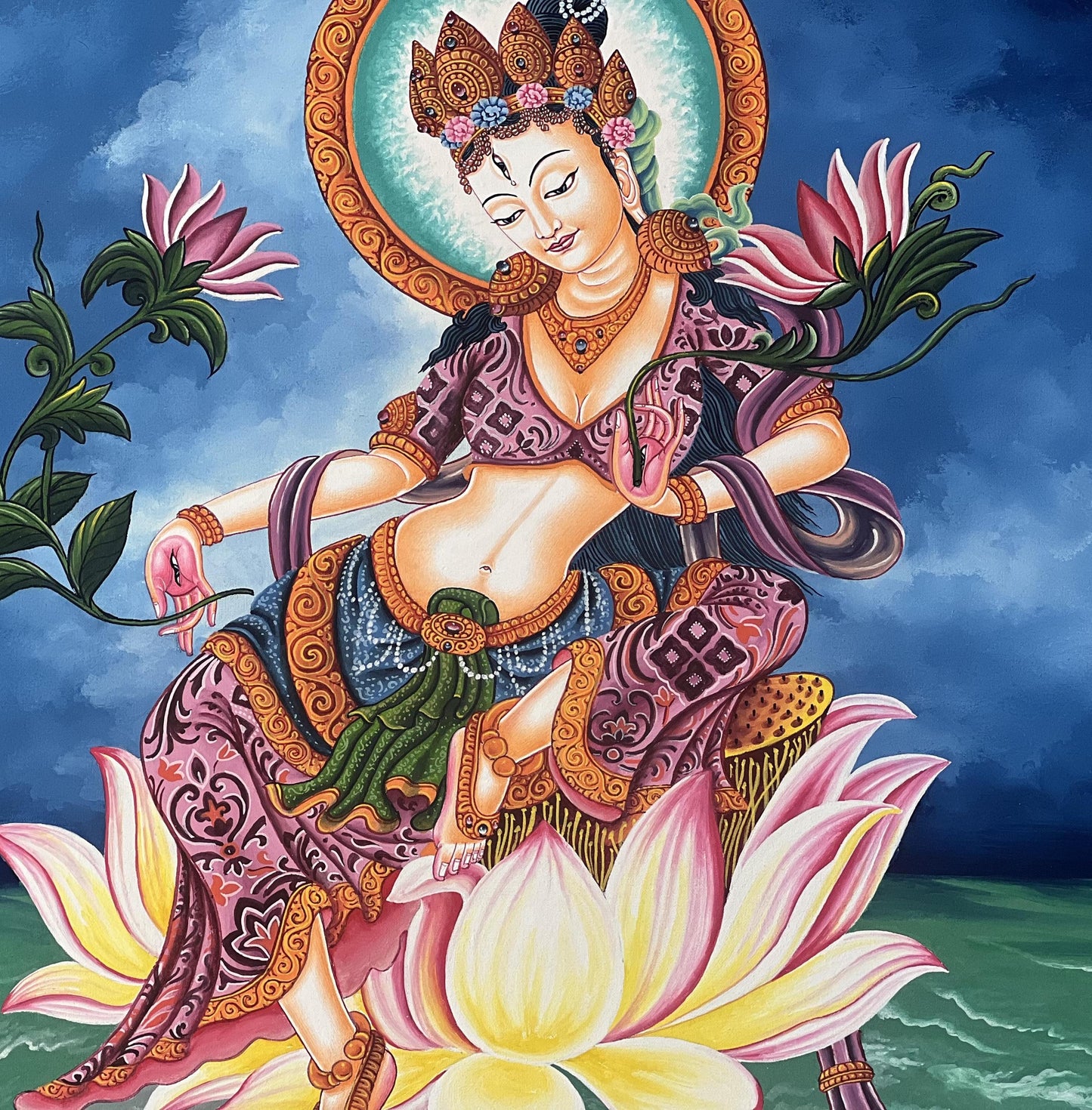 Hand-Painted White Tara Thangka – Newari Paubha Art From Nepal