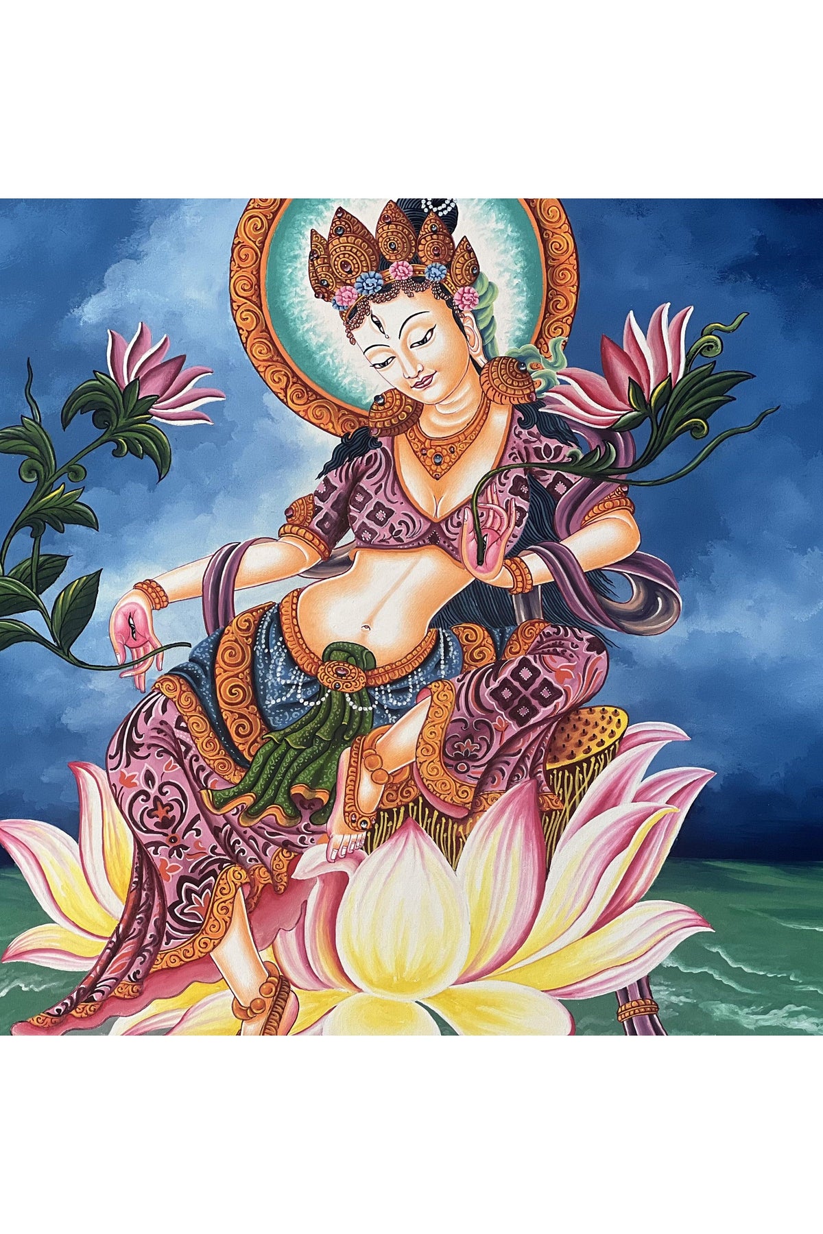Hand-Painted White Tara Thangka – Newari Paubha Art From Nepal