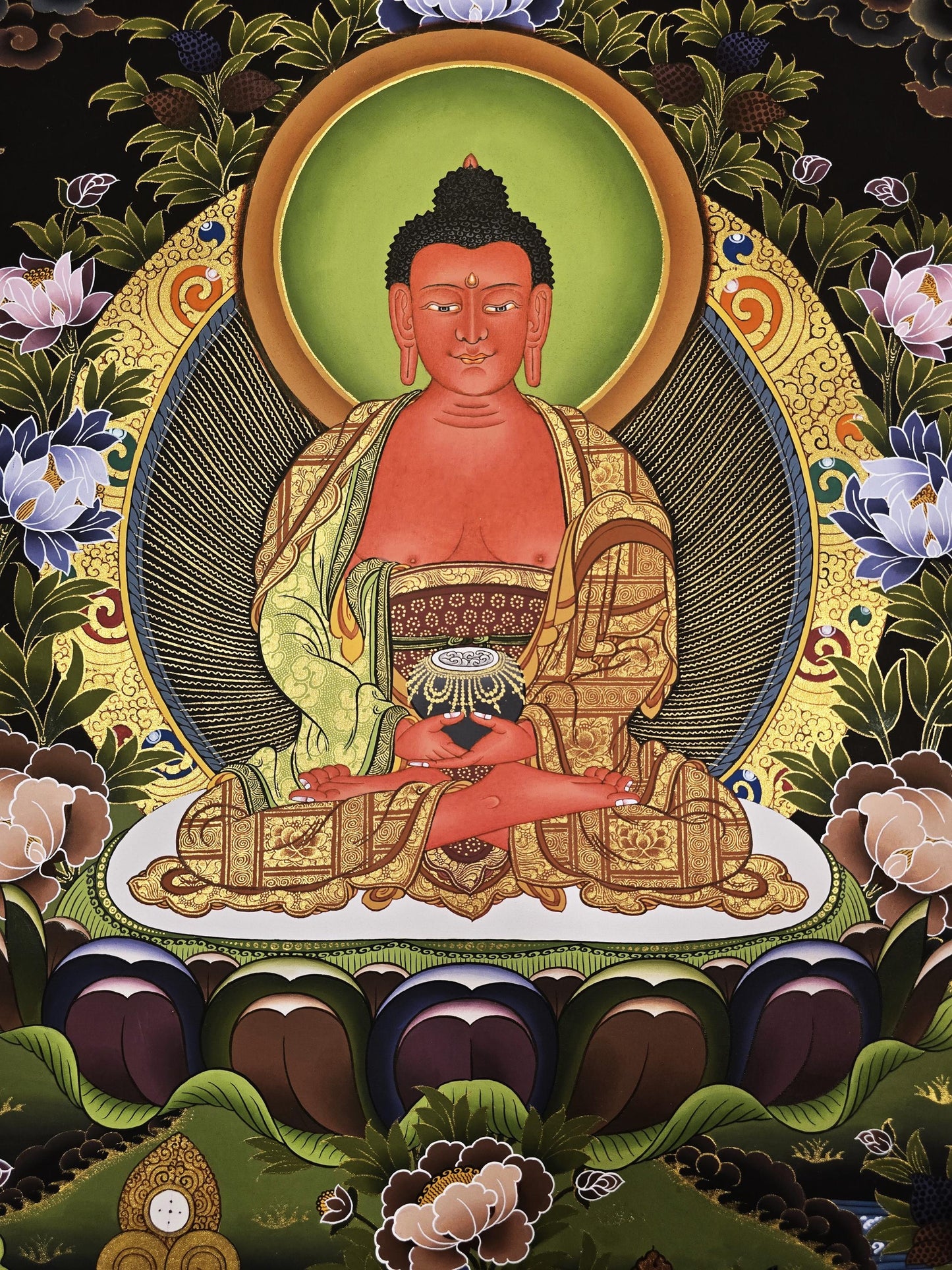 Hand Painted Amitabha Buddha Thangka Painting: Gold Tibetan Wall Art
