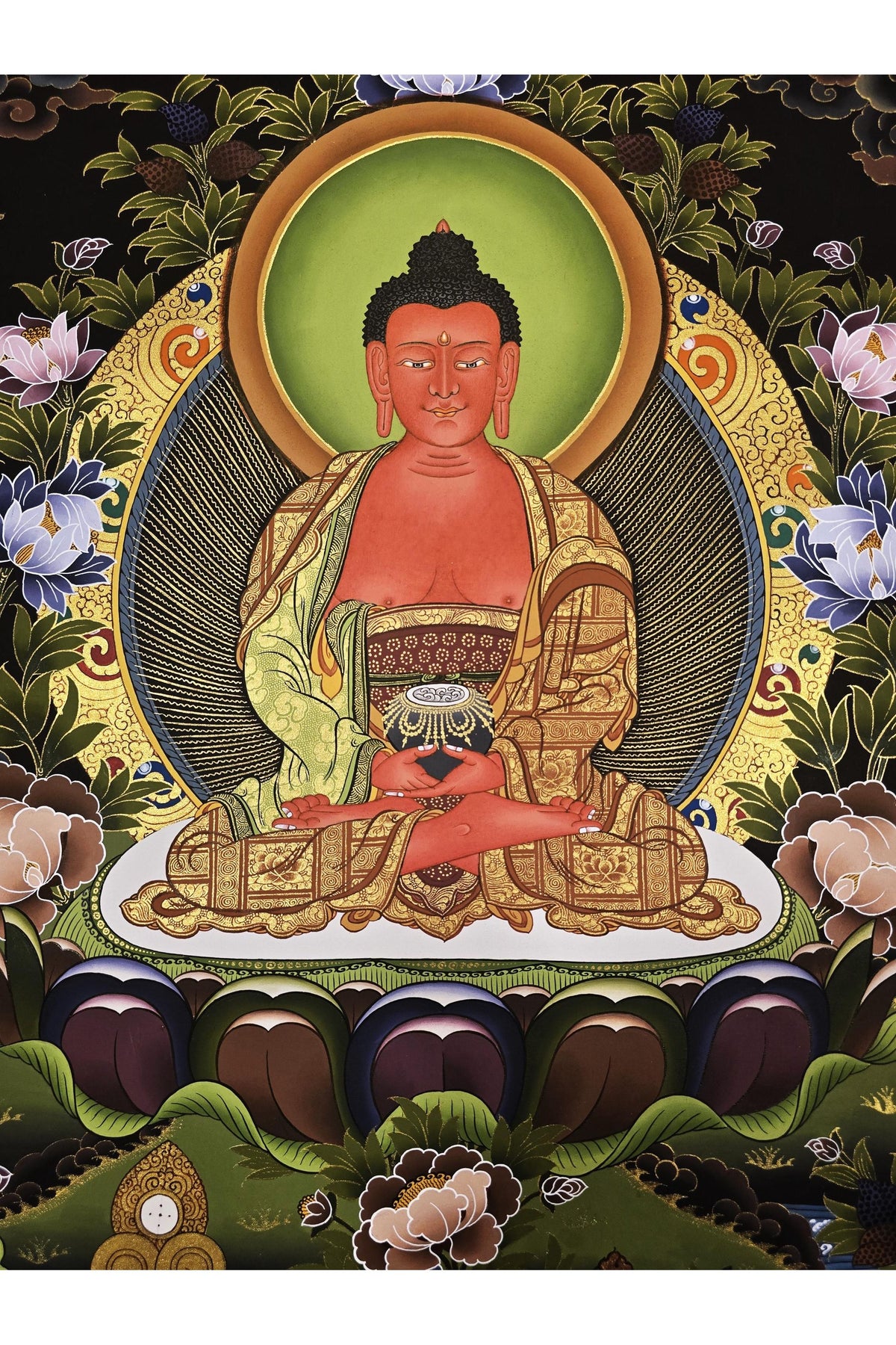 Hand Painted Amitabha Buddha Thangka Painting: Gold Tibetan Wall Art