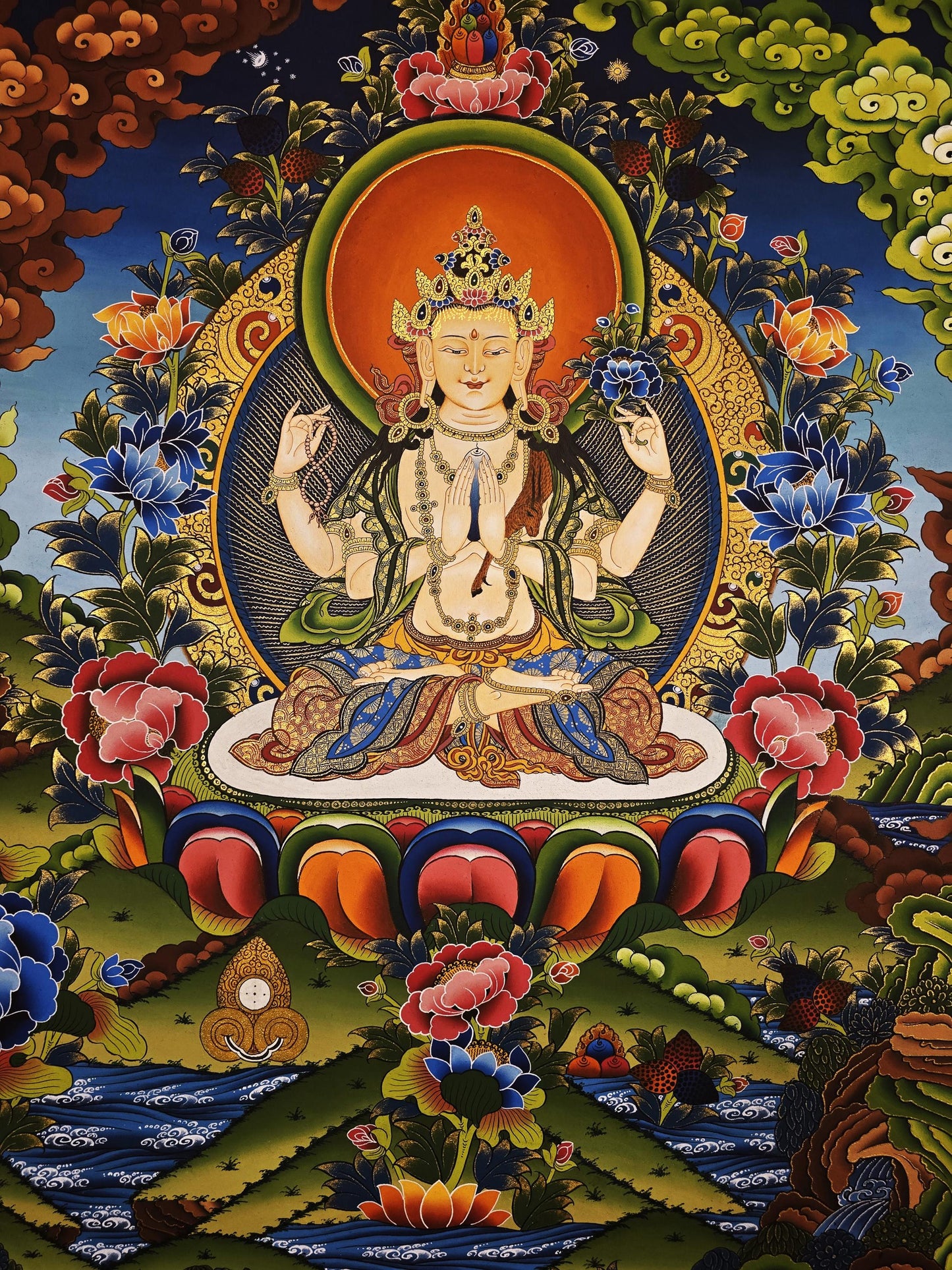Eight-Armed Chenrezig Thangka | Avalokiteshvara Bodhisattva | Hand-Painted Tibetan Art | Silk Brocade | Compassion Deity Painting