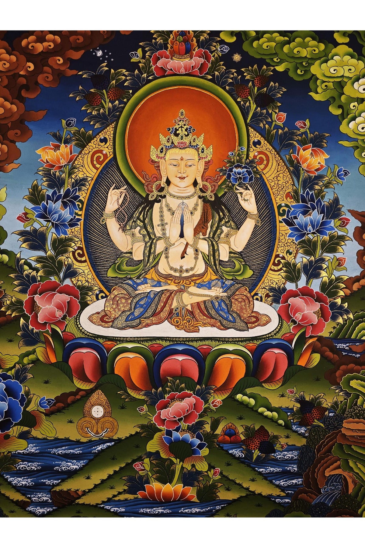 Eight-Armed Chenrezig Thangka | Avalokiteshvara Bodhisattva | Hand-Painted Tibetan Art | Silk Brocade | Compassion Deity Painting