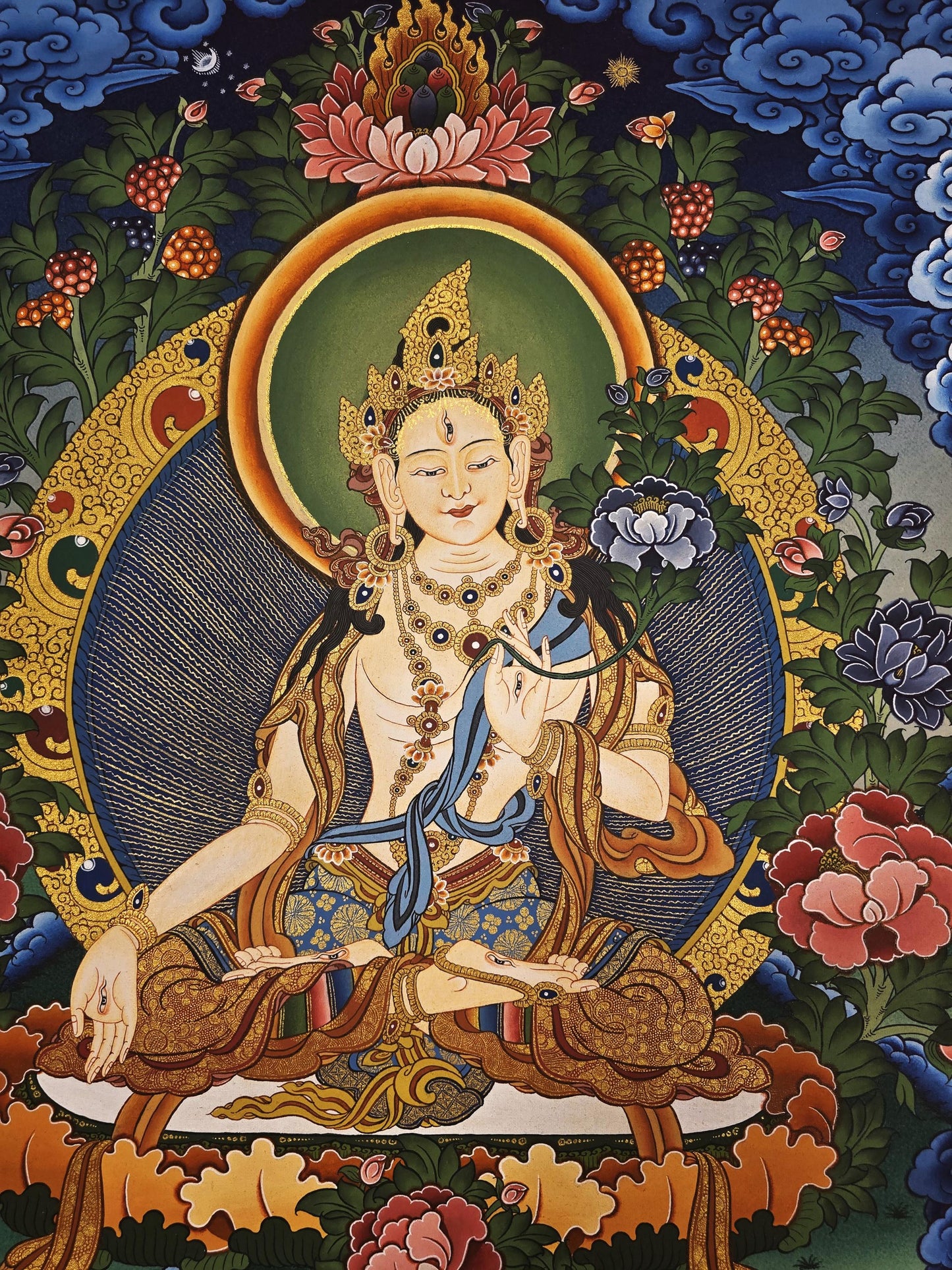 Hand-Painted White Tara Thangka – Tibetan Art with Gold Accents