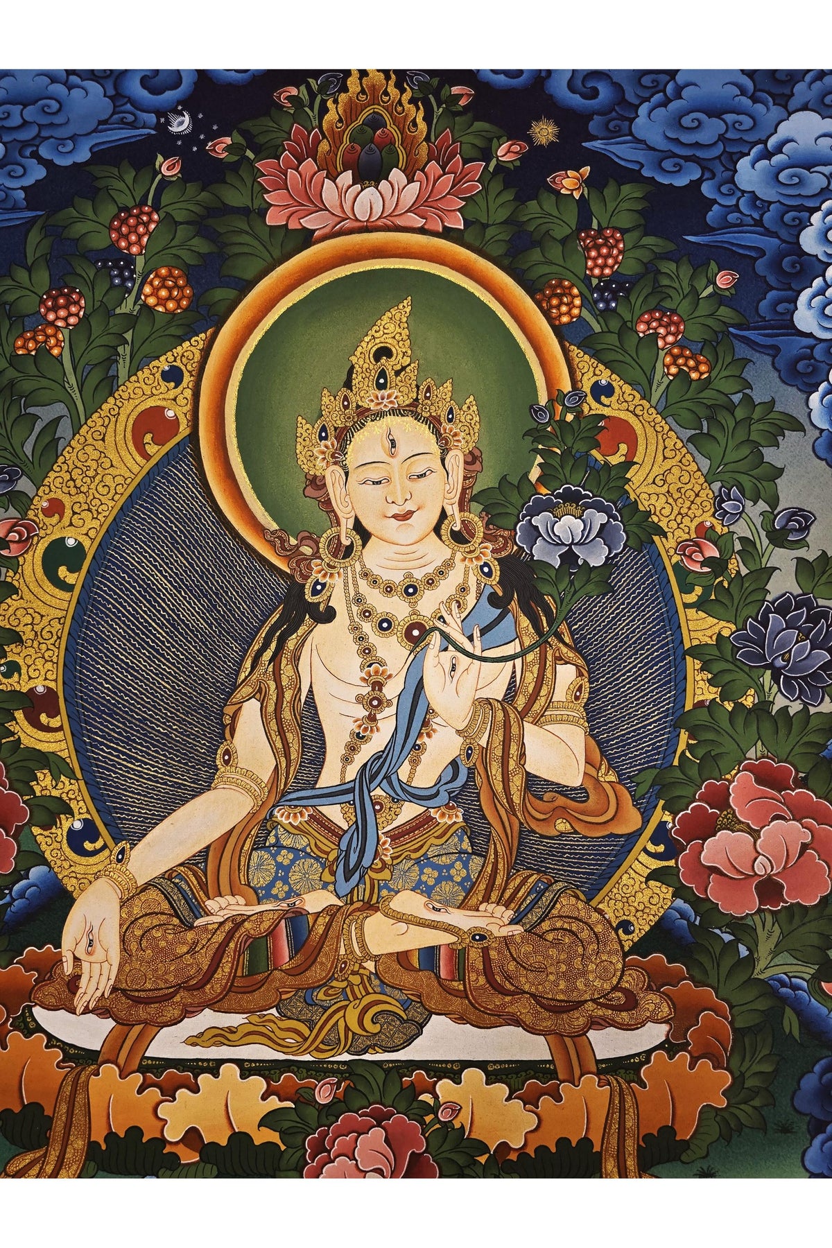 Hand-Painted White Tara Thangka – Tibetan Art with Gold Accents