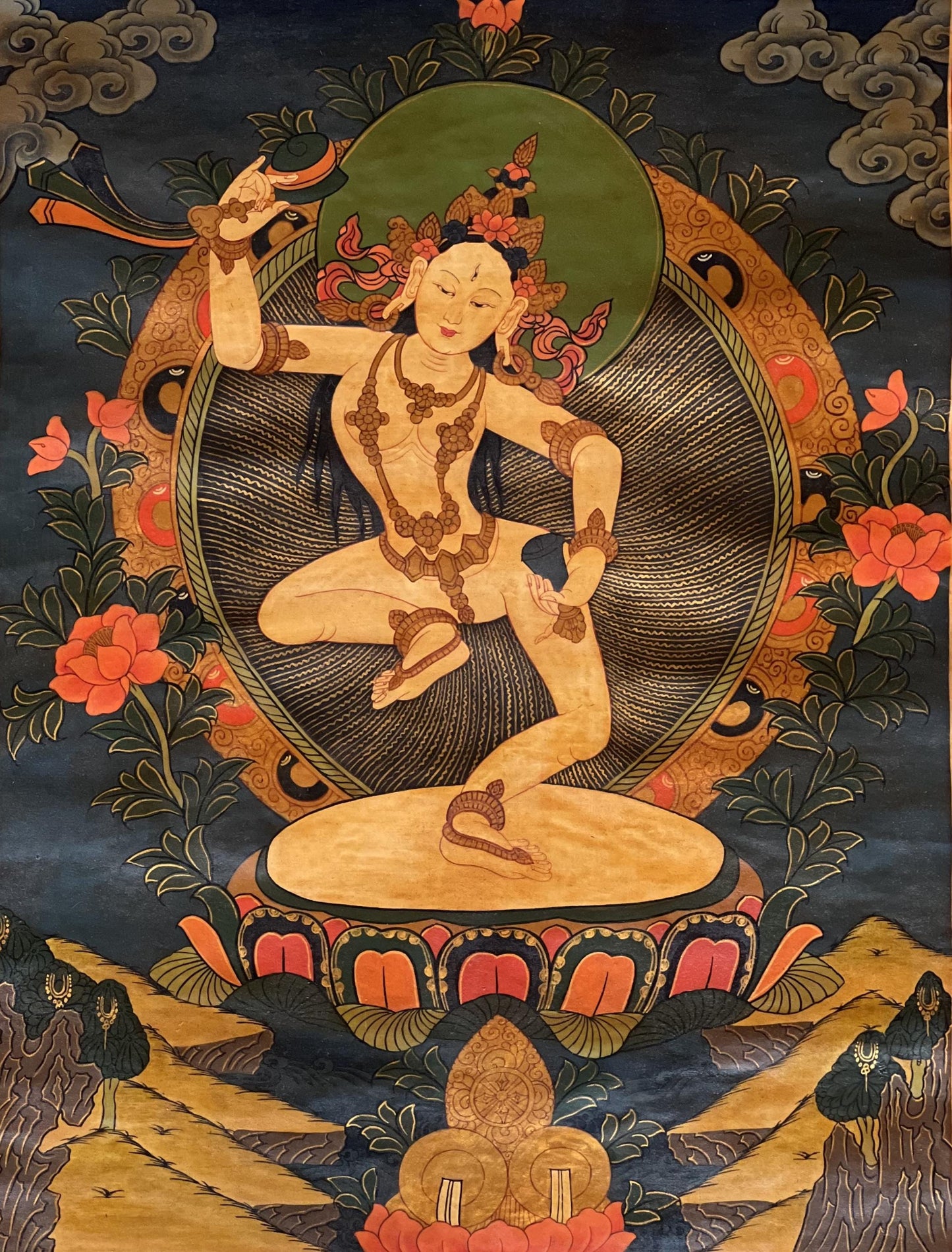 Machig Labdron Thangka Painting | Tibetan Yogini Art | Original Hand-Painted Masterpiece | Buddhist Oil Varnished Art with Silk Brocade