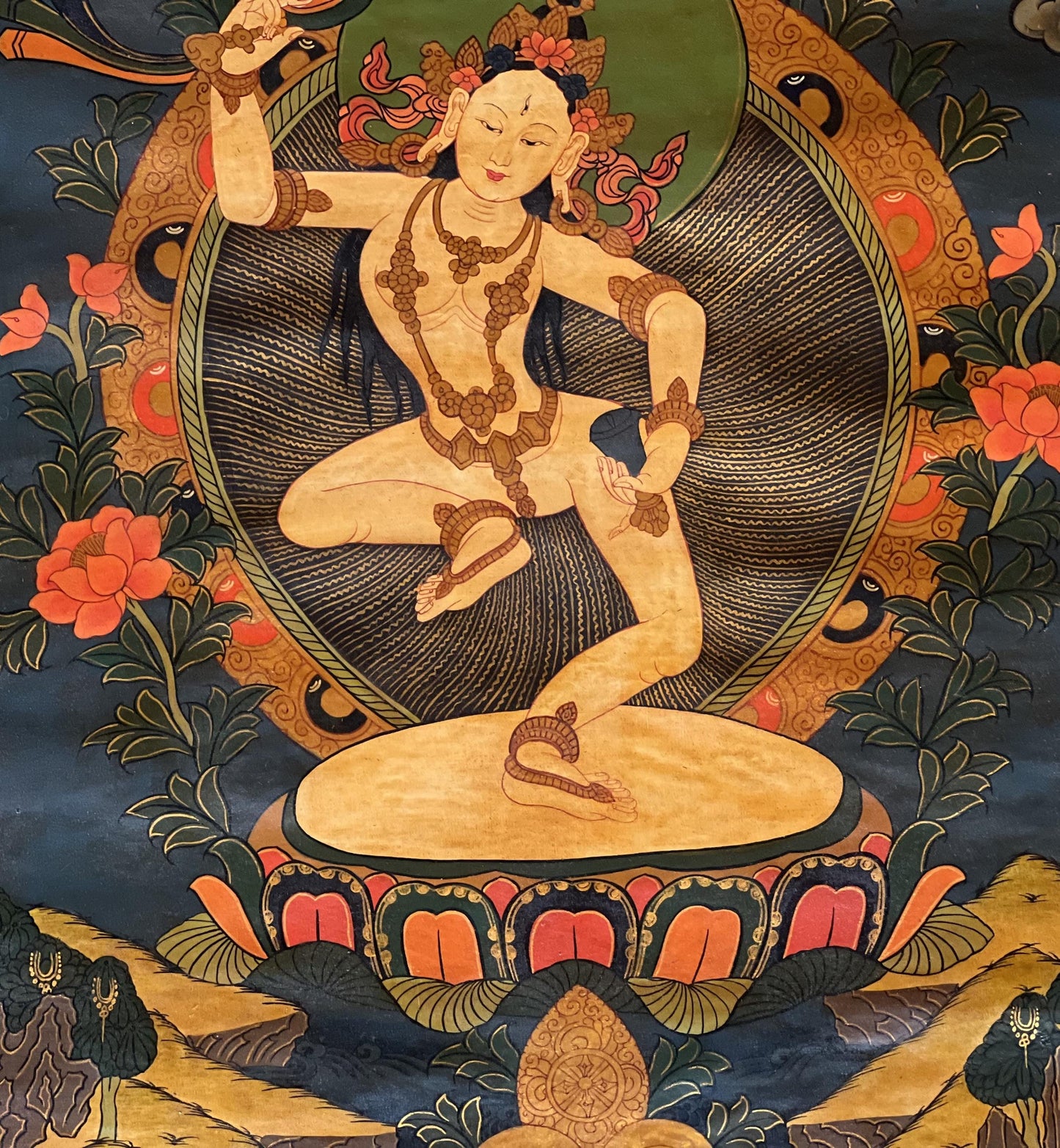 Machig Labdron Thangka Painting | Tibetan Yogini Art | Original Hand-Painted Masterpiece | Buddhist Oil Varnished Art with Silk Brocade