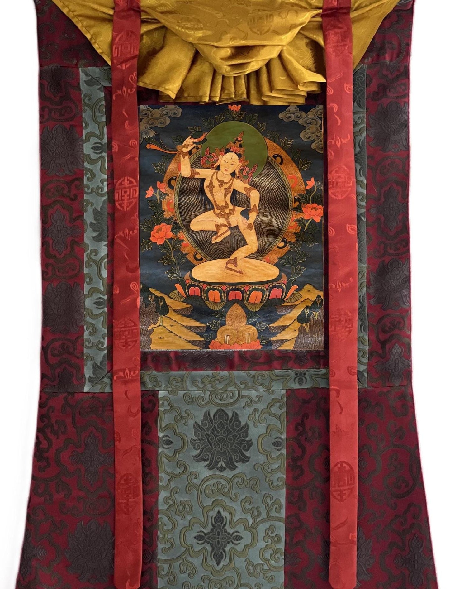Machig Labdron Thangka Painting | Tibetan Yogini Art | Original Hand-Painted Masterpiece | Buddhist Oil Varnished Art with Silk Brocade