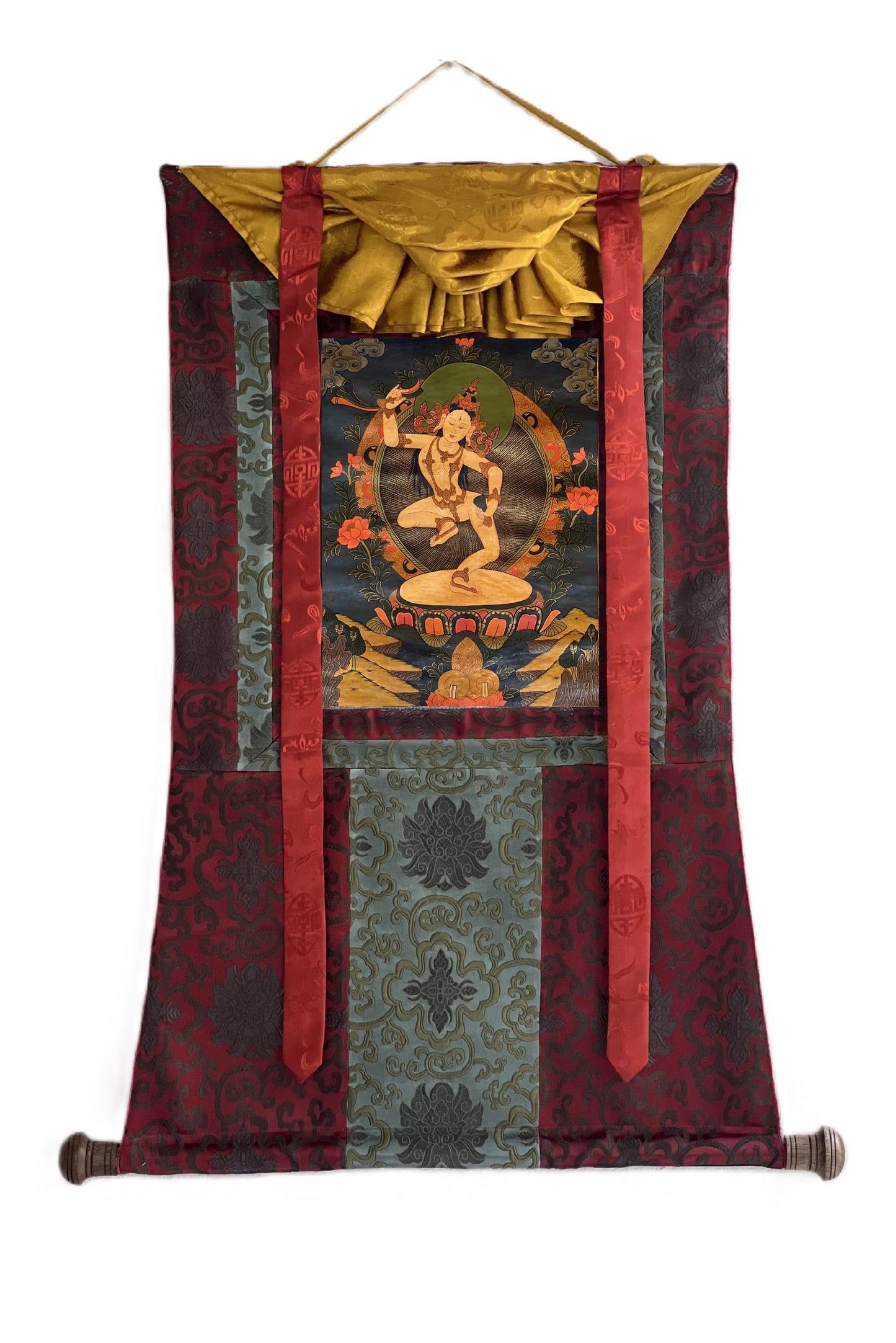 Machig Labdron Thangka Painting | Tibetan Yogini Art | Original Hand-Painted Masterpiece | Buddhist Oil Varnished Art with Silk Brocade