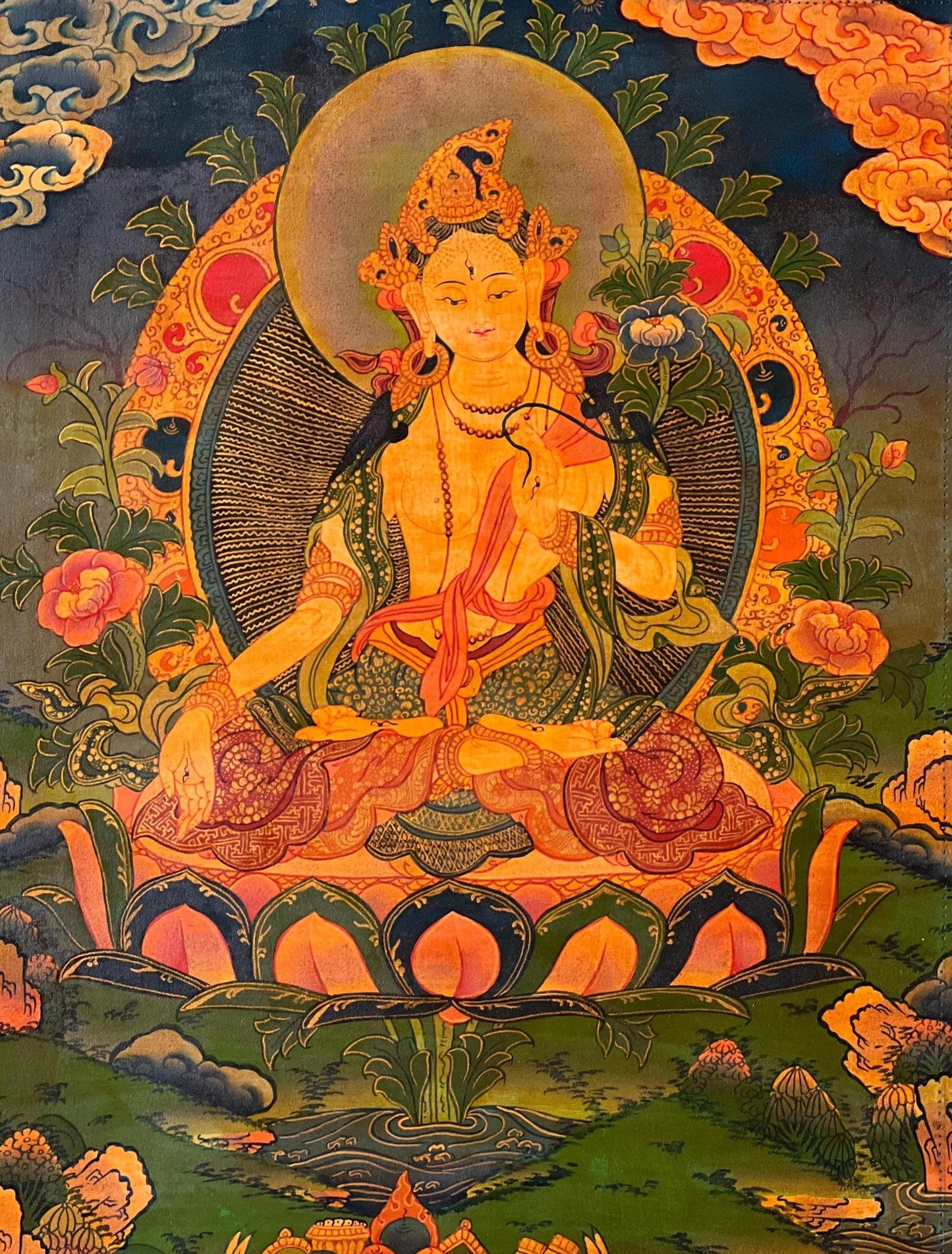 Hand-Painted White Tara Thangka | Tibetan Mother Goddess Wall Decor | Compassion Meditation Art | Oil Varnish Painting with Silk Brocade