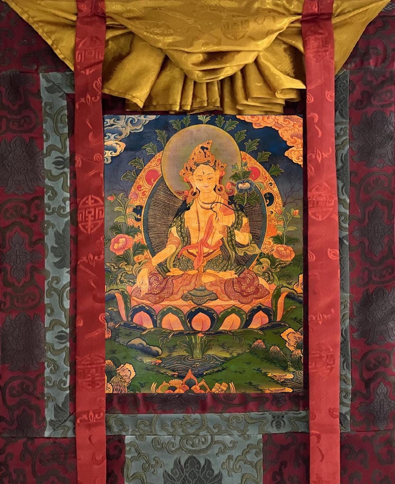Hand-Painted White Tara Thangka | Tibetan Mother Goddess Wall Decor | Compassion Meditation Art | Oil Varnish Painting with Silk Brocade