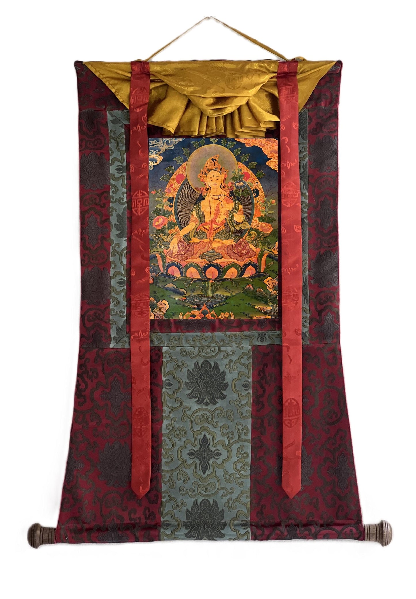 Hand-Painted White Tara Thangka | Tibetan Mother Goddess Wall Decor | Compassion Meditation Art | Oil Varnish Painting with Silk Brocade