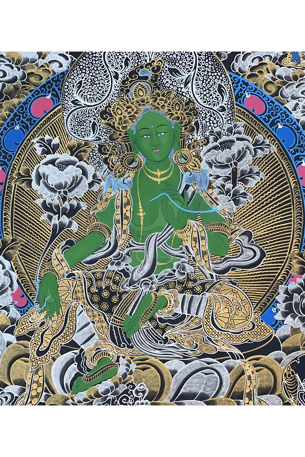 Hand-Painted Green Tara Thangka | Tibetan Compassion Goddess Art with Silk Brocade
