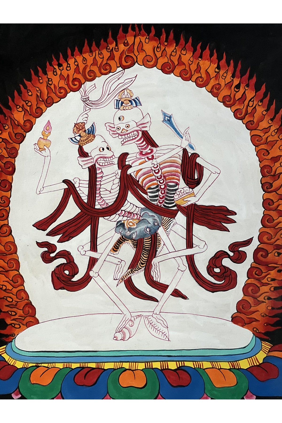 Citipati Dancing Skeletons Thangka | Hand-Painted Tibetan Charnel Ground Protector Art with Silk Brocade