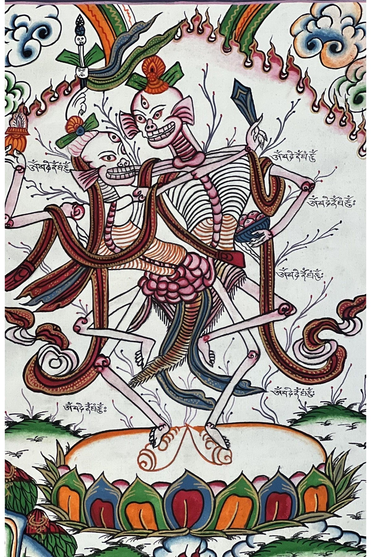 Hand-Painted Tibetan Citipati Thangka – Dancing Couple, Silk Brocade