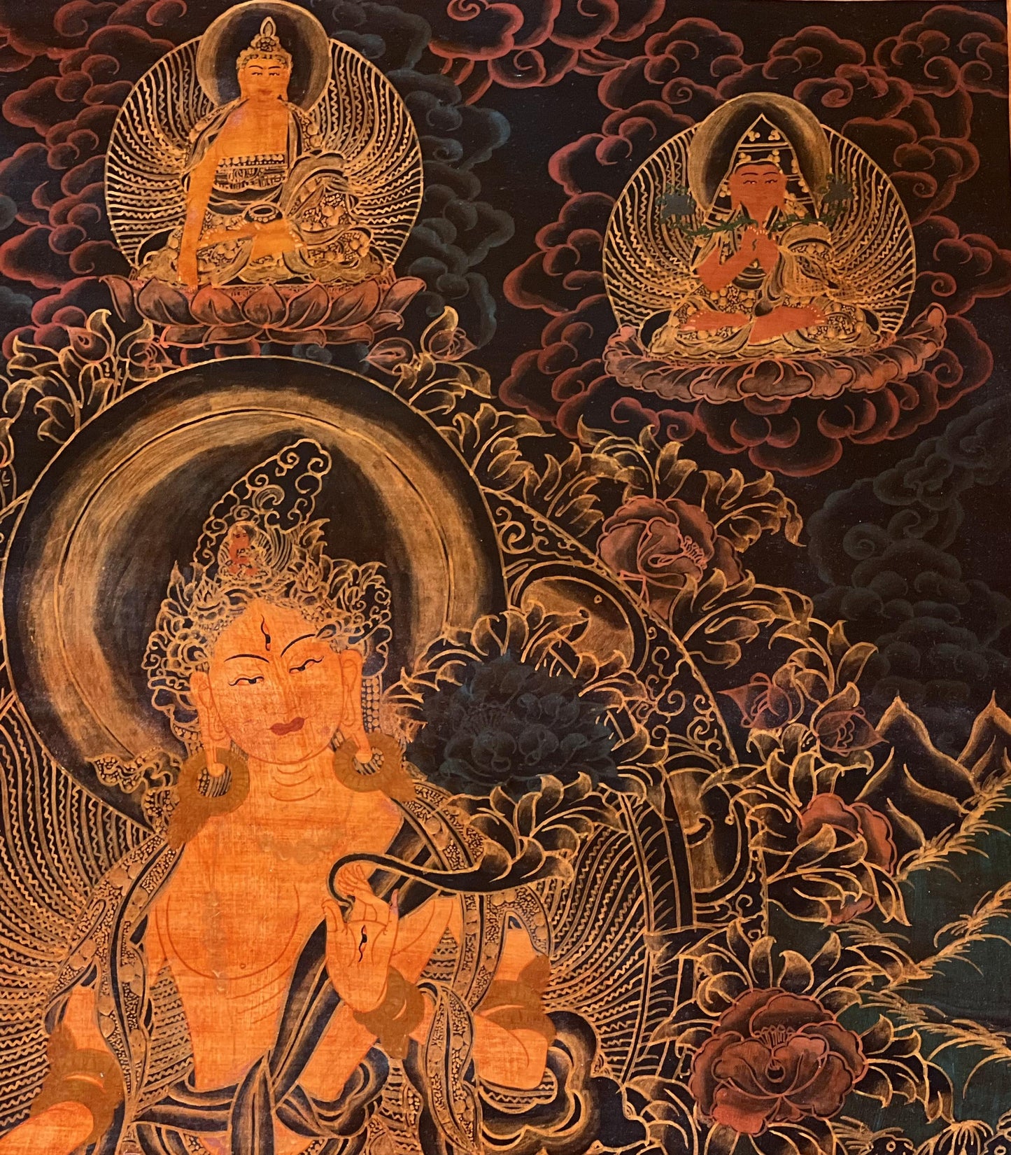 Hand-Painted White Tara Thangka | Silk Brocade Tibetan Art | Oil Varnished