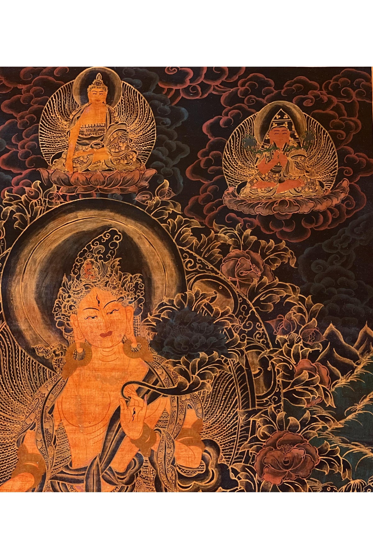 Hand-Painted White Tara Thangka | Silk Brocade Tibetan Art | Oil Varnished