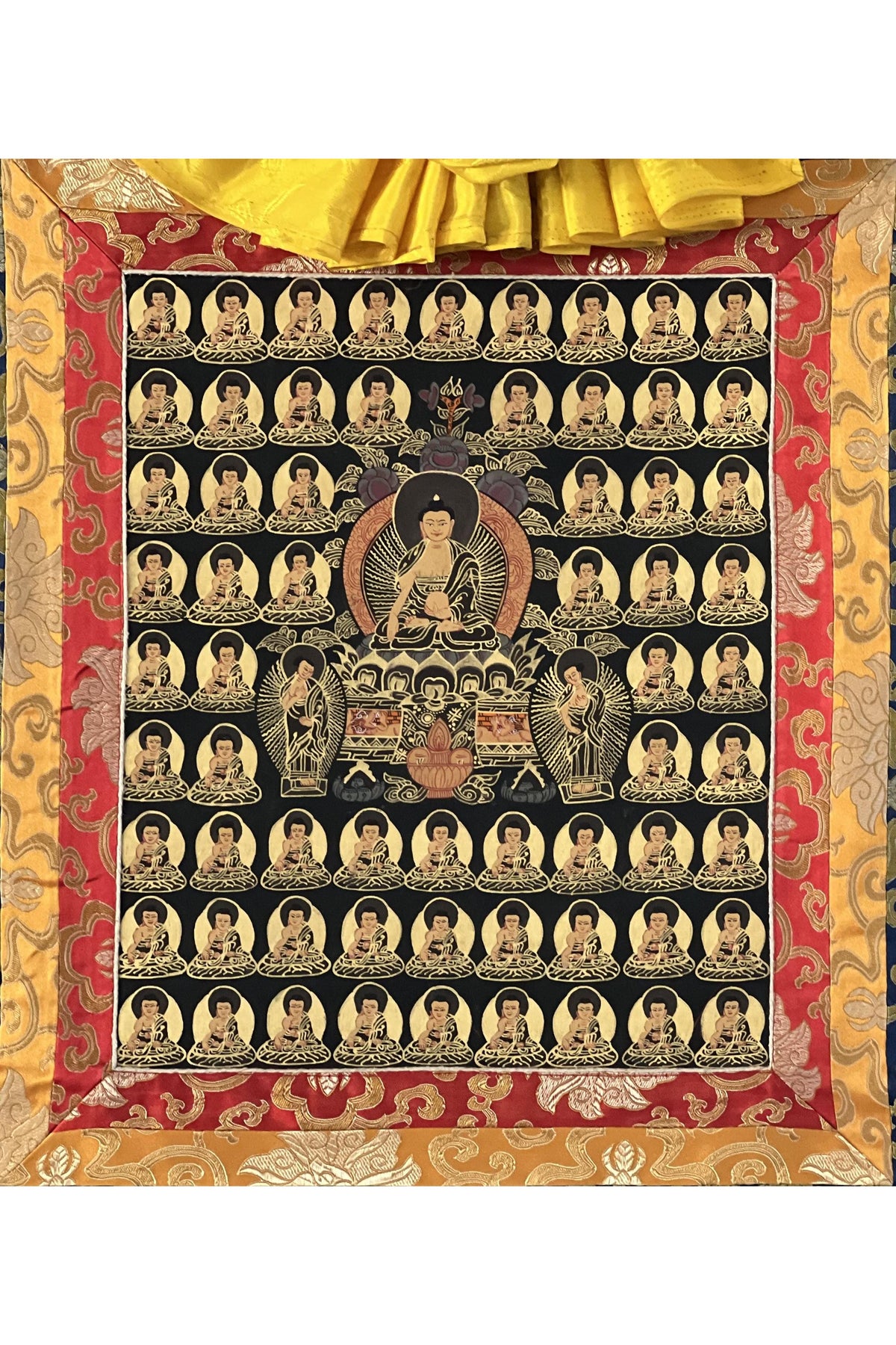 Hand-Painted Thousand Buddhas Thangka – Tibetan Wall Art with Silk Brocade