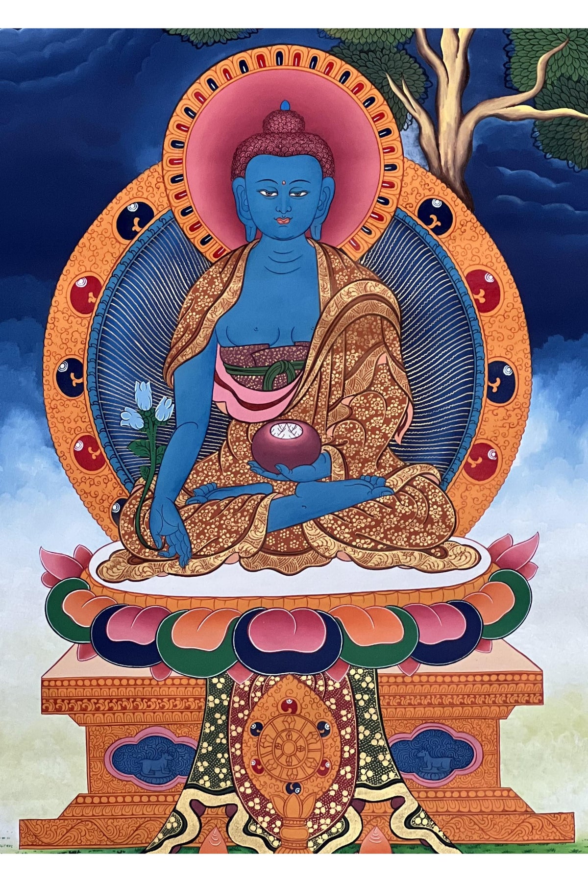 Medicine Buddha Thangka | Hand-Painted Bhaisajyaguru Healing Art with Silk Brocade