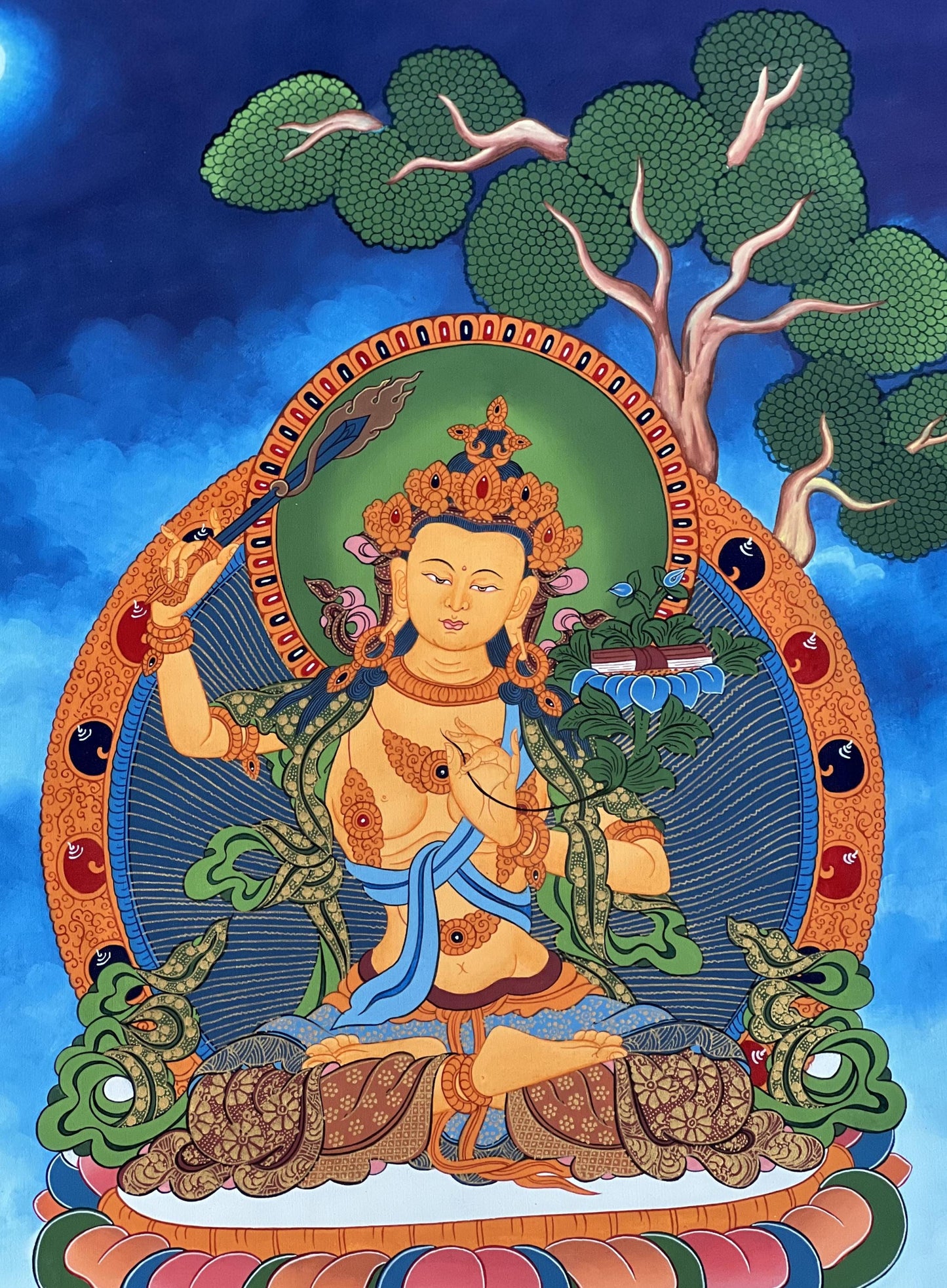 Hand-Painted Manjushri Thangka • Jampelyang Bodhisattva of Wisdom • Tibetan Buddhist Art • Silk Brocade Frame Option