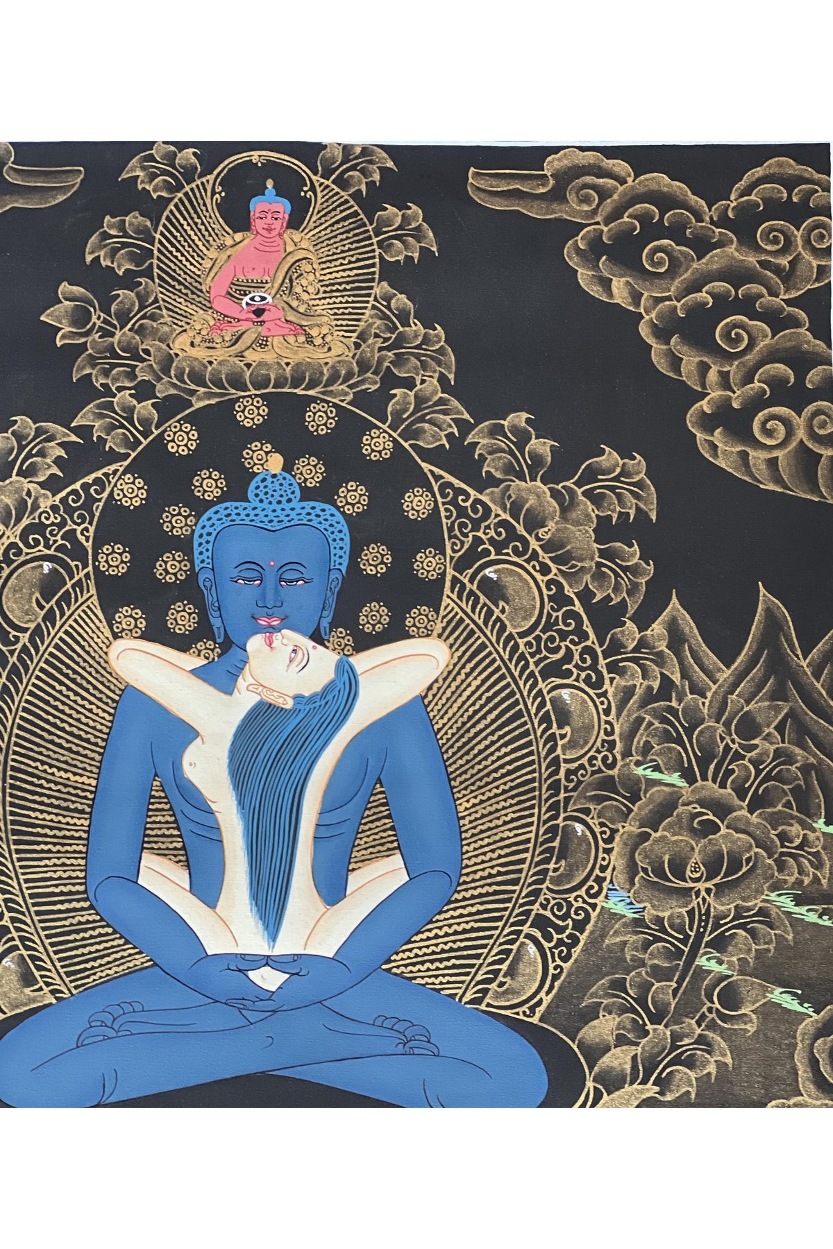 Hand-Painted Buddha Shakti Thangka | Samantabhadra Yab-Yum, Silk Brocade
