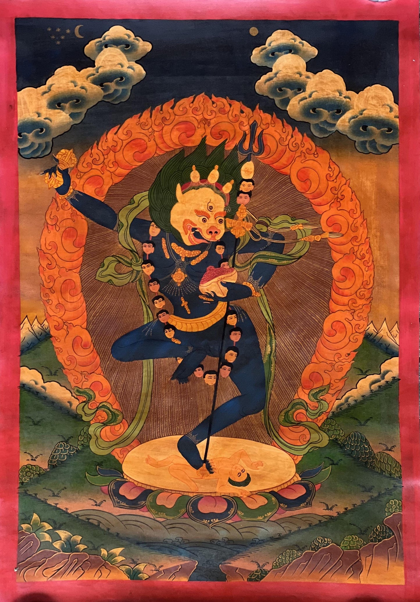 Simhamukhi Vajrayogini Thangka | Lion-Faced Dakini Hand-Painted Tibetan Tantric Art with Silk Brocade