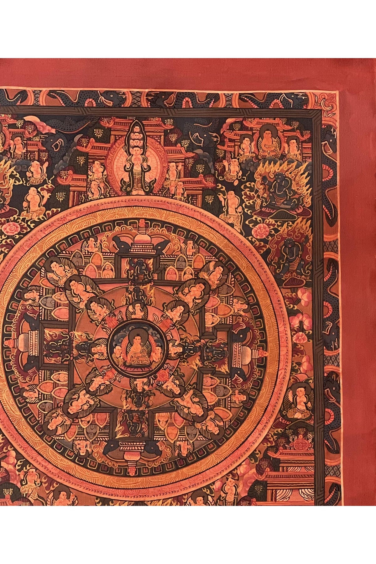 Buddha Life Mandala Tibetan Thangka with Avalokiteshvara – Hand Painted Oil-Varnished Meditation Art