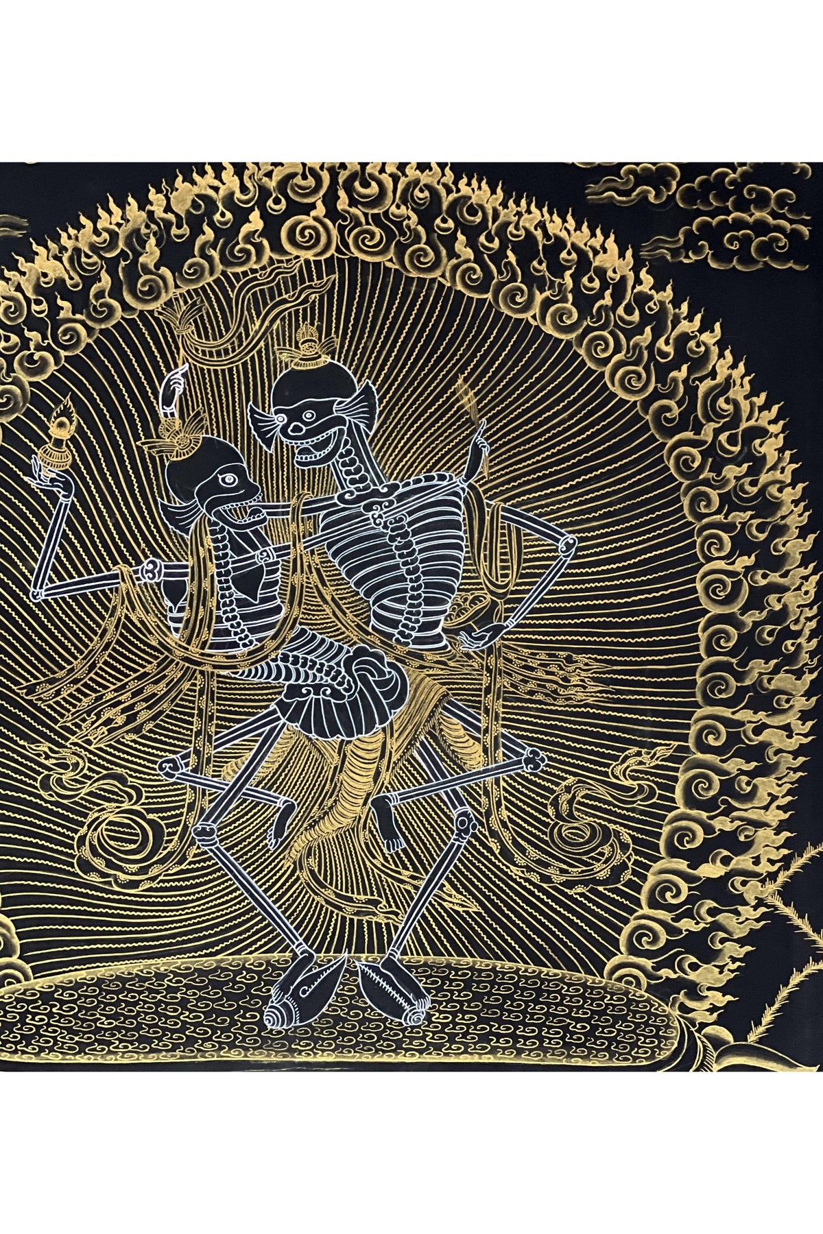 Hand-Painted Citipati Dancing Skeletons Thangka | Black and Gold Tibetan Art