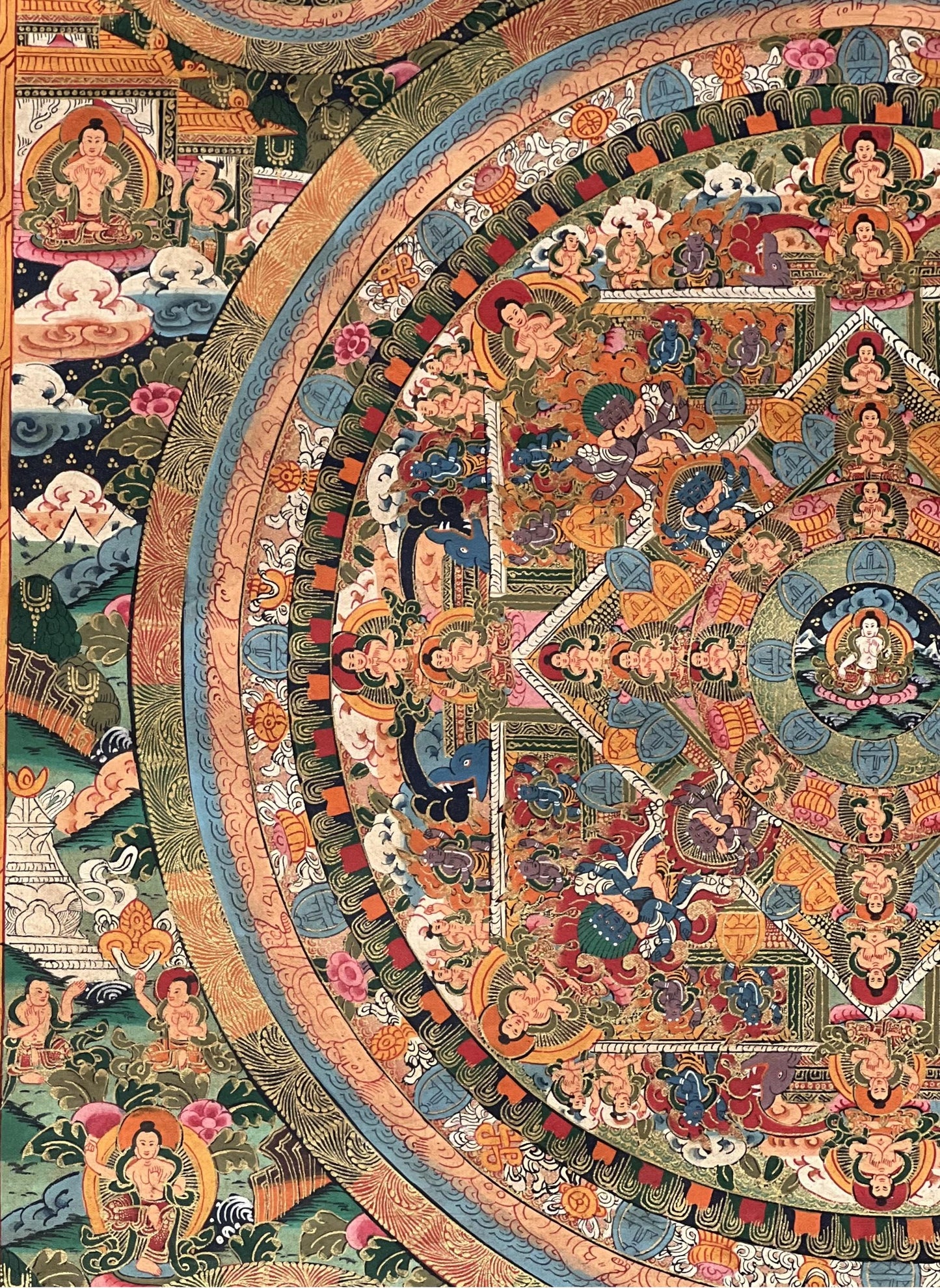 Hand-Painted Tibetan Buddha Thangka – Avalokiteshvara Buddha Life Mandala Art (24x32 in)