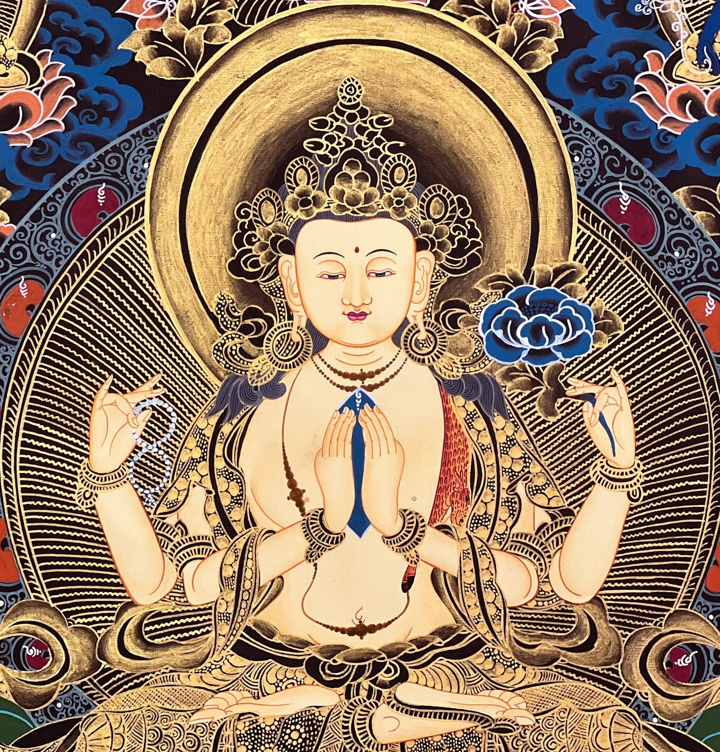 Hand-Painted Avalokiteshvara Thangka | Chenrezig Compassion Buddha | Master Quality Tibetan Meditation Art with Narrow Border
