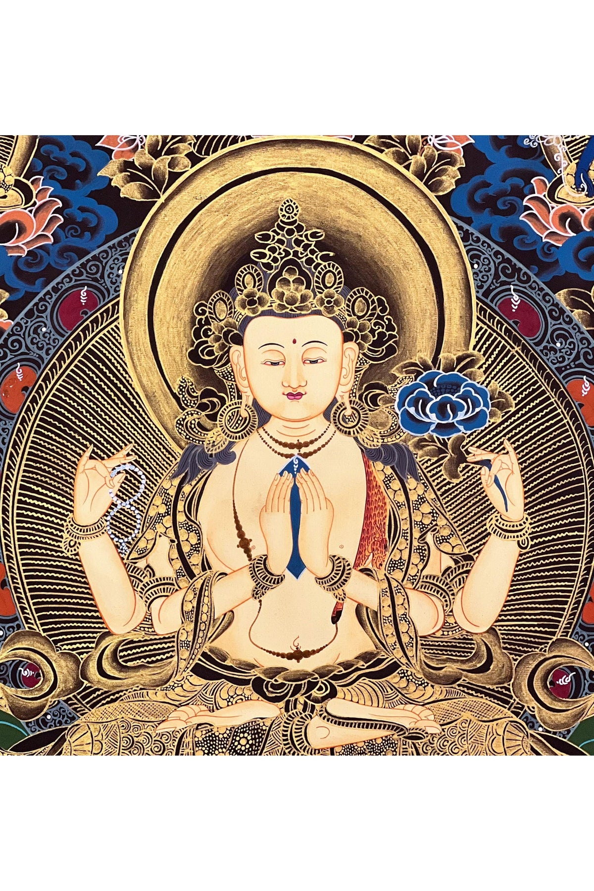 Hand-Painted Avalokiteshvara Thangka | Chenrezig Compassion Buddha | Master Quality Tibetan Meditation Art with Narrow Border