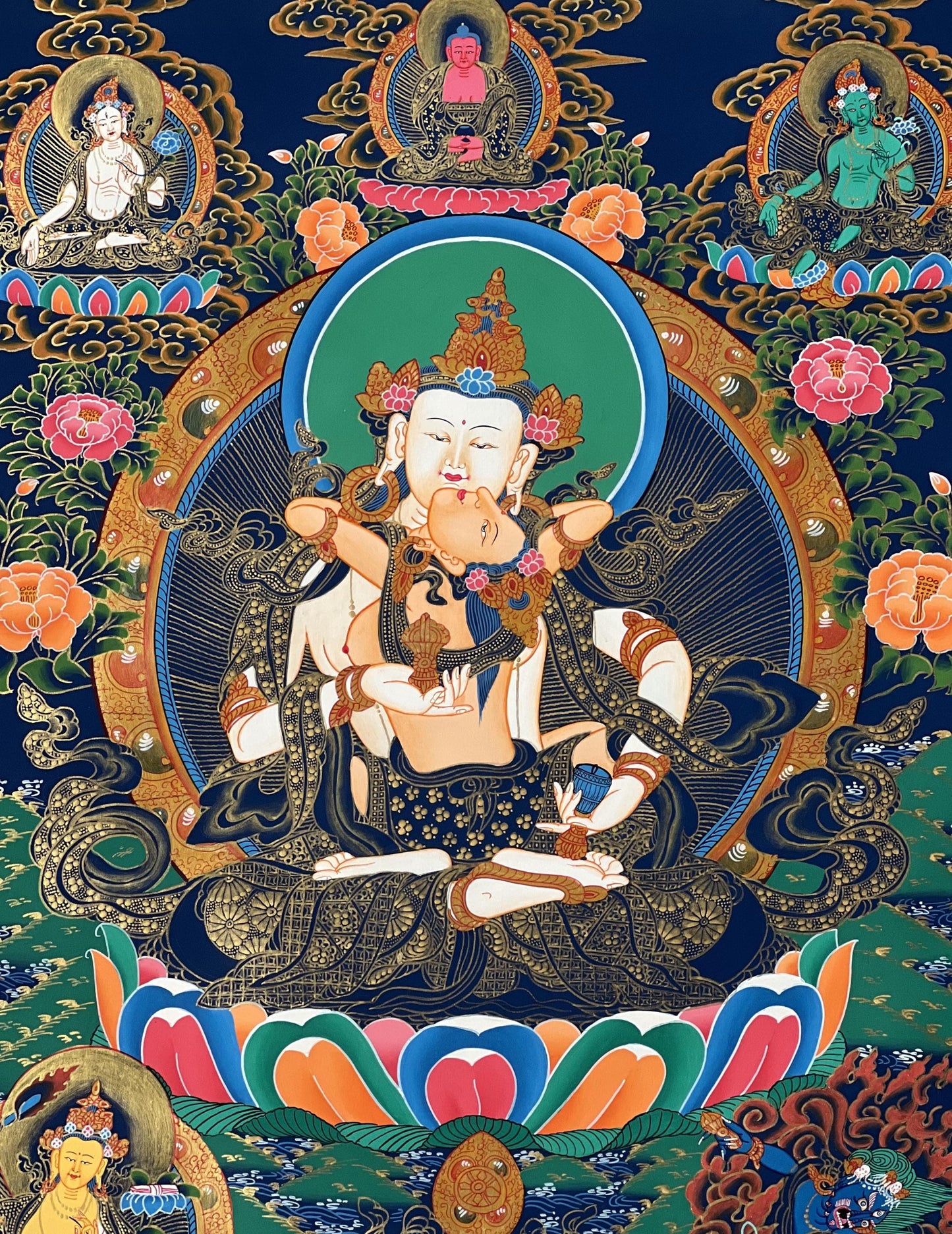 Hand-Painted Vajrasattva Shakti Thangka | Tibetan Meditation Art with Silk Brocade