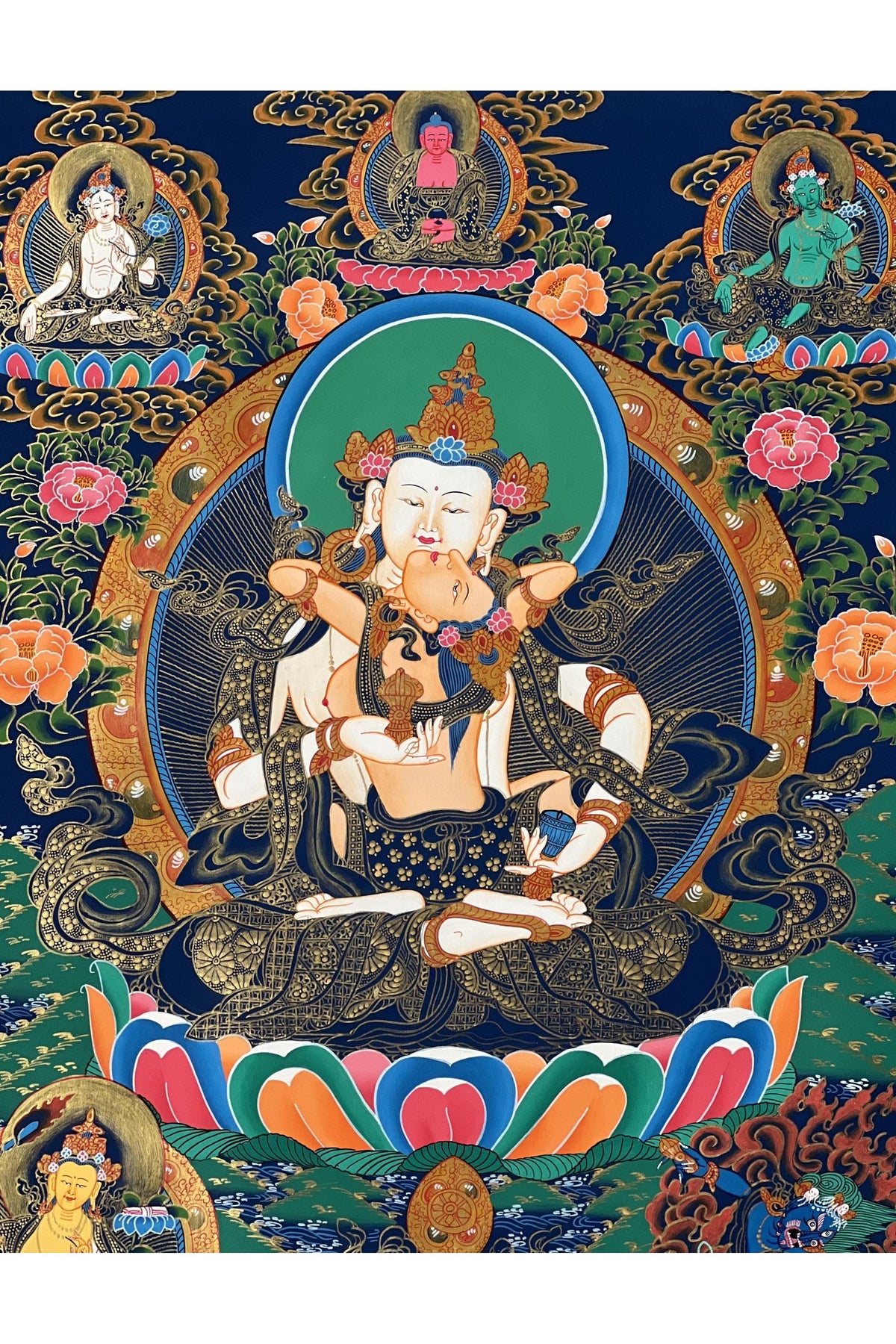 Hand-Painted Vajrasattva Shakti Thangka | Tibetan Meditation Art with Silk Brocade