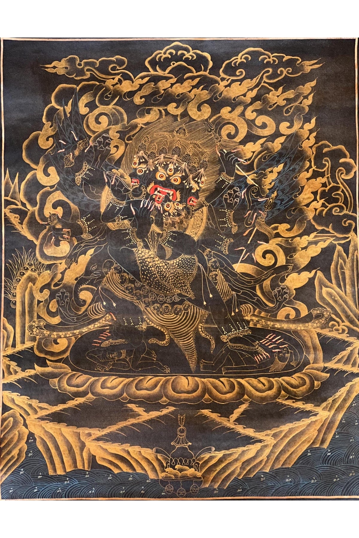 Hand-Painted Vajrakilaya Thangka | Black & Gold Tibetan Wall Art