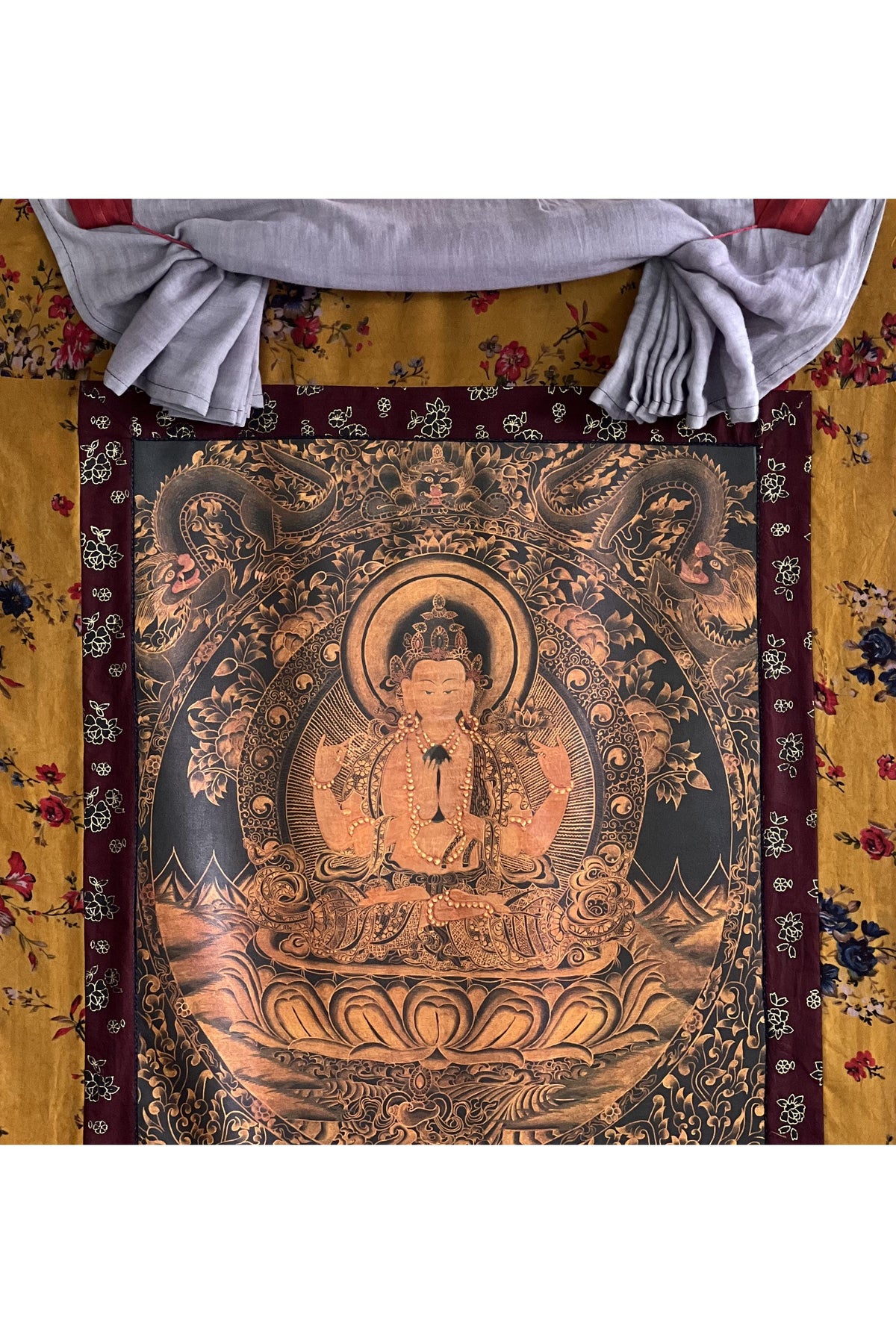 Hand-Painted Chenrezig Avalokiteshvara Compassion Buddha Thangka | Vintage Oil-Varnished Tibetan Painting with Cotton Brocade Frame