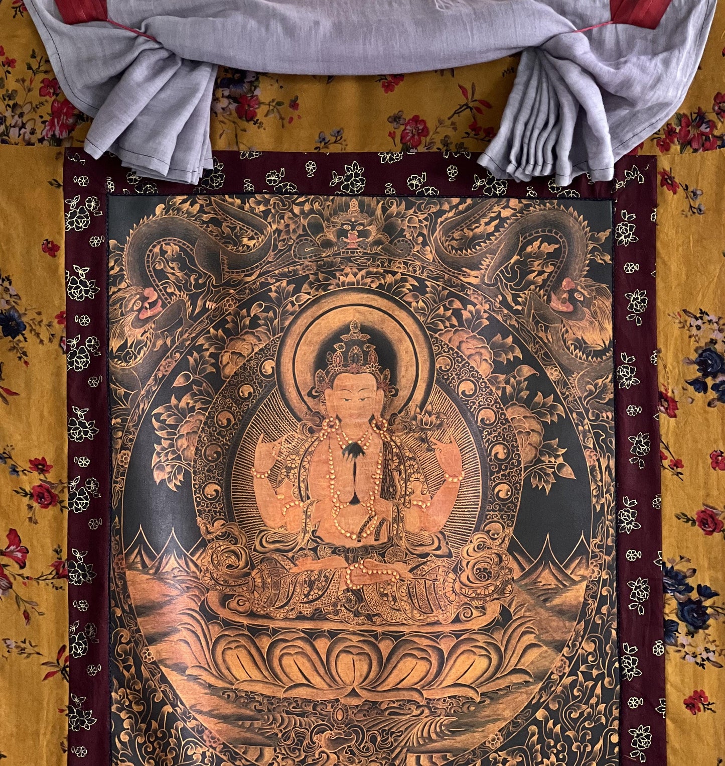 Hand-Painted Chenrezig Avalokiteshvara Compassion Buddha Thangka | Vintage Oil-Varnished Tibetan Painting with Cotton Brocade Frame