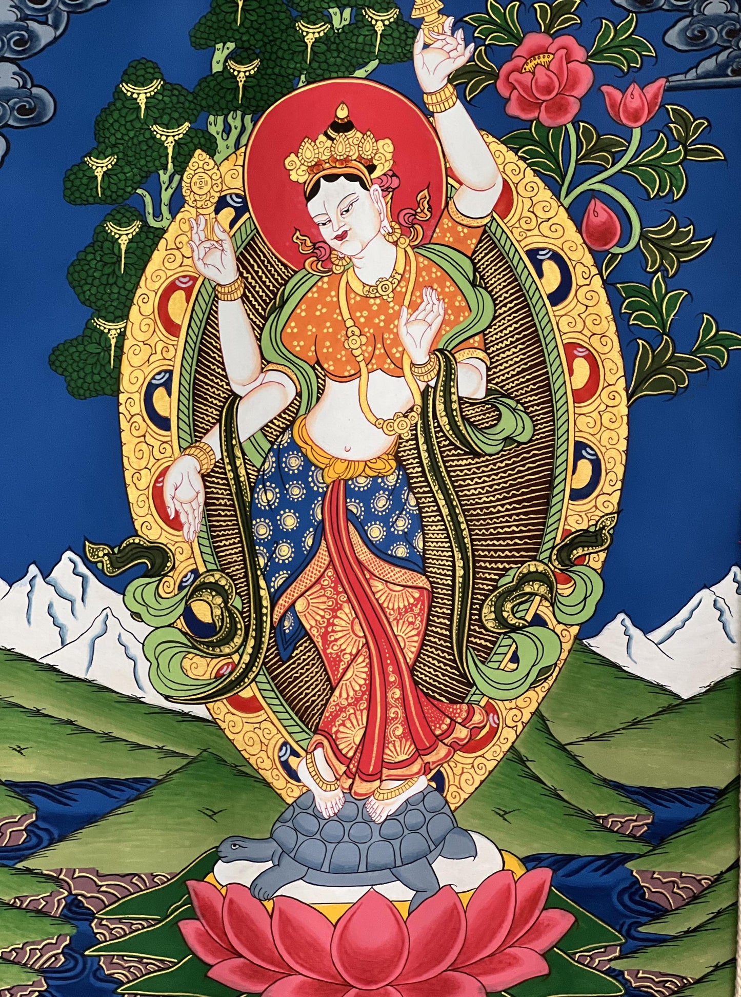 Hand-Painted Goddess Lakshmi Thangka – Nepalese Hindu Art with Silk Border