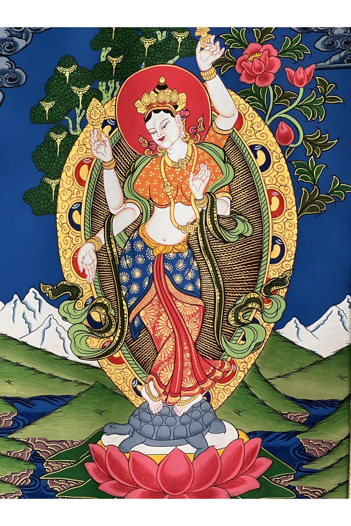 Hand-Painted Goddess Lakshmi Thangka – Nepalese Hindu Art with Silk Border