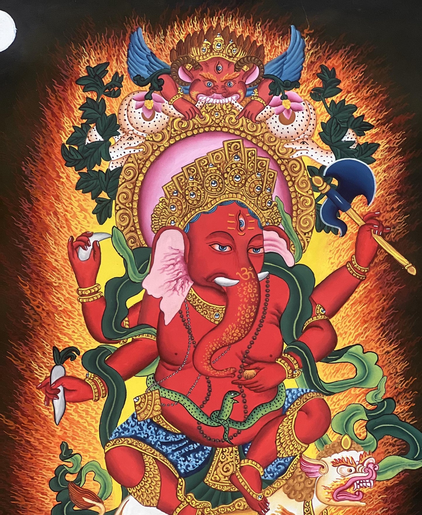 Red Ganesha Painting | Newari Paubha Art, Hindu God on Cotton Canvas