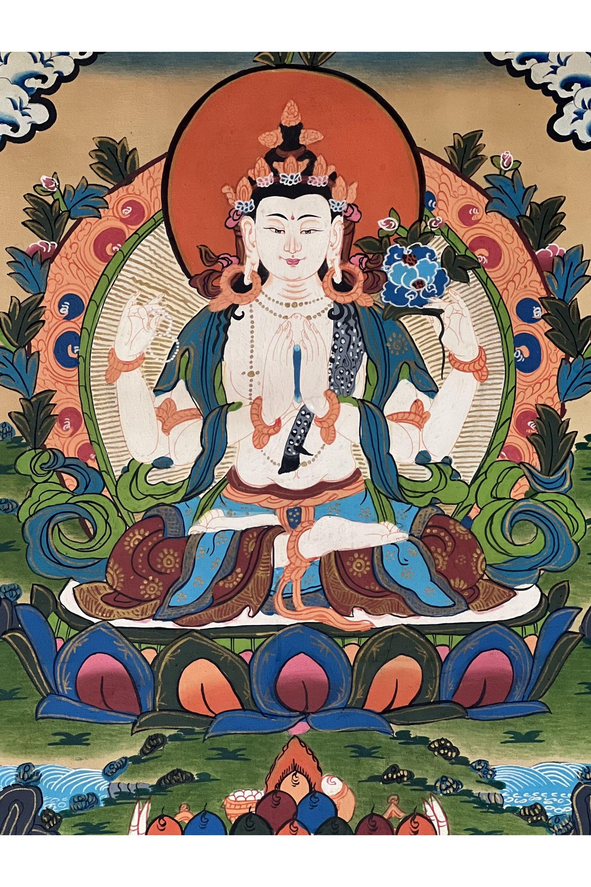 Hand-Painted Chenrezig Thangka – Tibetan Compassion Buddha Art in Silk Brocade