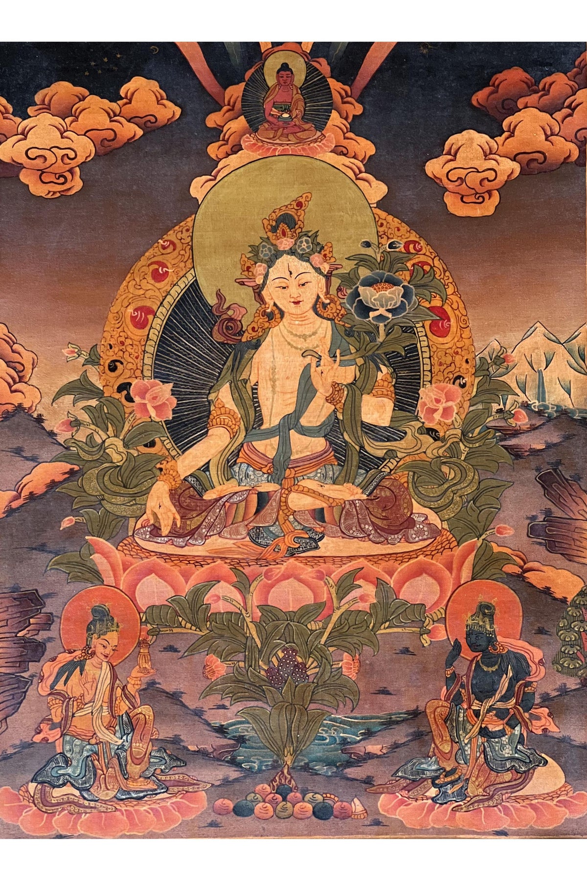 Hand-Painted White Tara Thangka – Semi-Antique Tibetan Gold & Silver Art, Silk Brocade