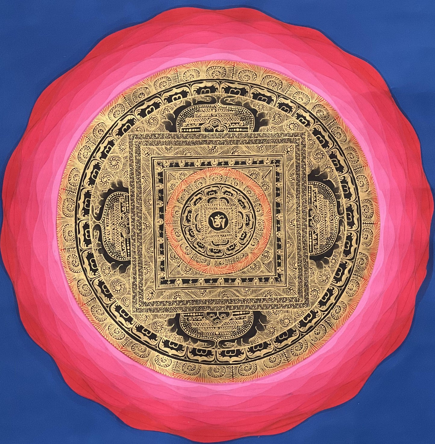 Hand-Painted Om Mandala Thangka on Cotton Canvas | Meditation Wall Art with Silk Brocade