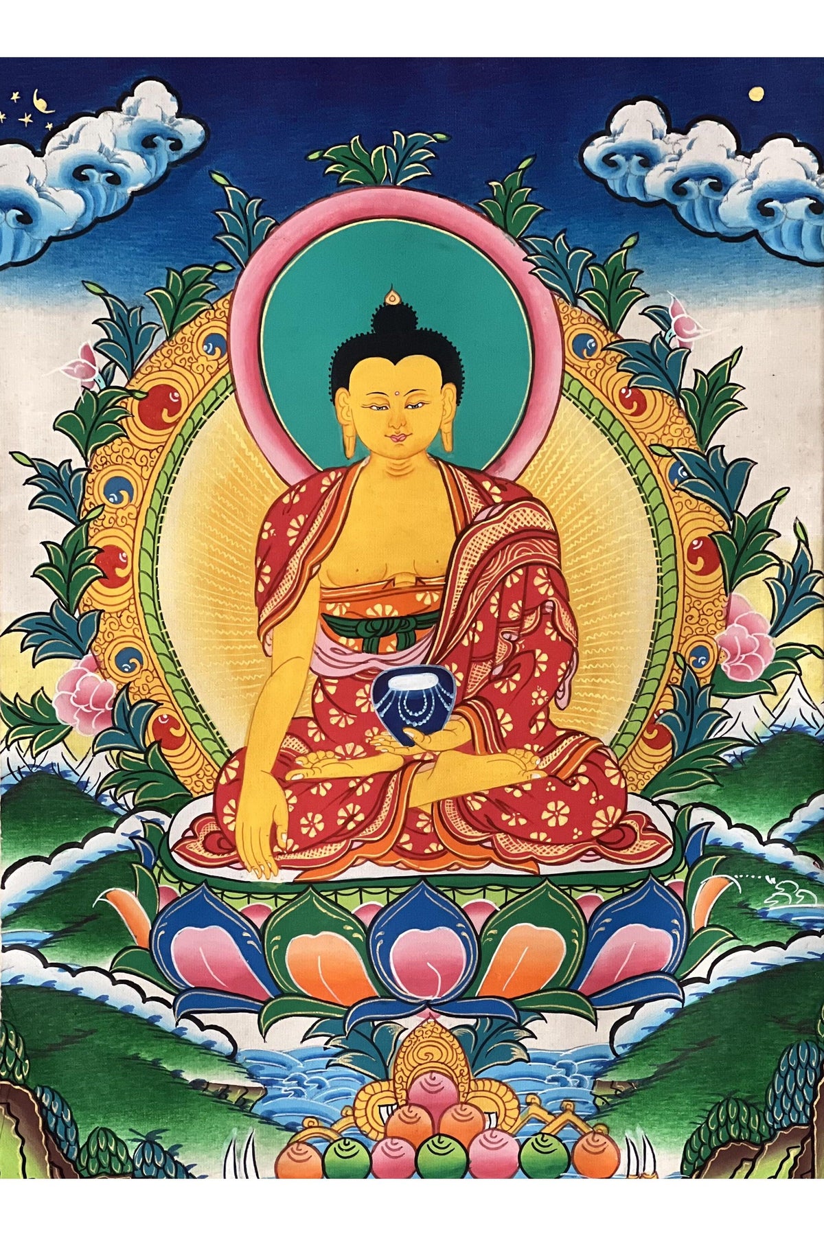 Hand-Painted Shakyamuni Buddha Thangka | Silk Brocade Wall Art
