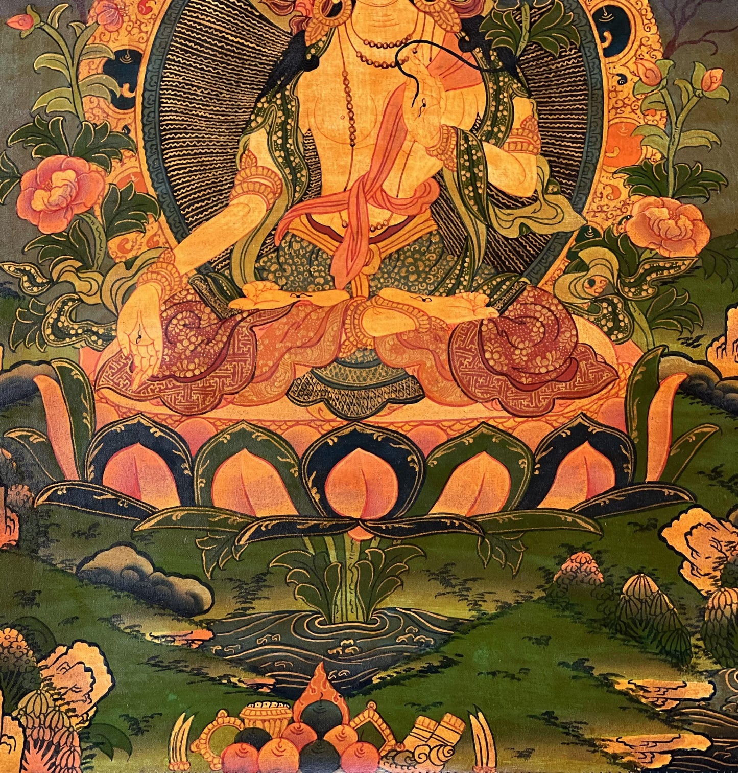 Hand-Painted White Tara Thangka | Tibetan Mother Goddess Wall Decor | Compassion Meditation Art | Oil Varnish Painting with Silk Brocade