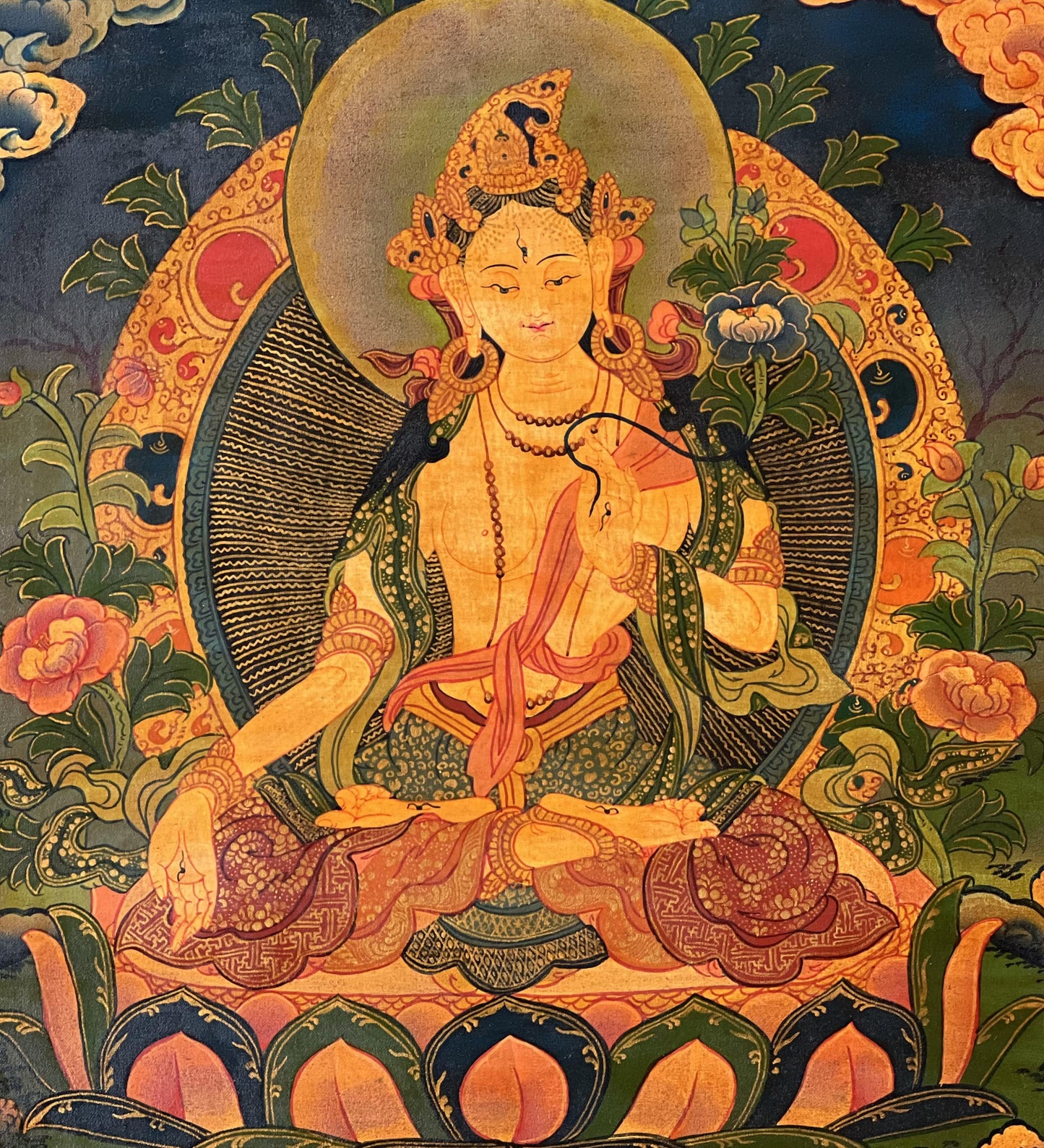 Hand-Painted White Tara Thangka | Tibetan Mother Goddess Wall Decor | Compassion Meditation Art | Oil Varnish Painting with Silk Brocade