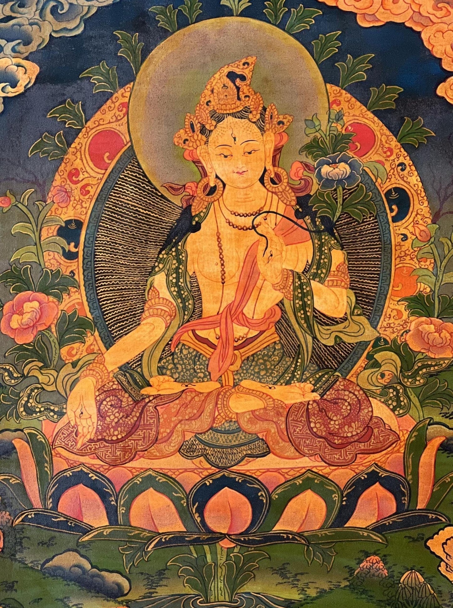 Hand-Painted White Tara Thangka | Tibetan Silk Brocade Wall Art